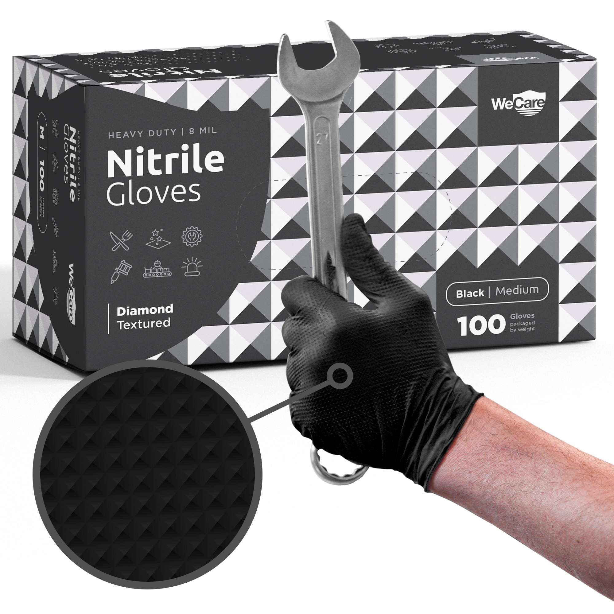 8 Mil Nitrile Gloves - Heavy Duty Mechanic Gloves, with Diamond Grip - Powder and Latex Free Disposable Gloves