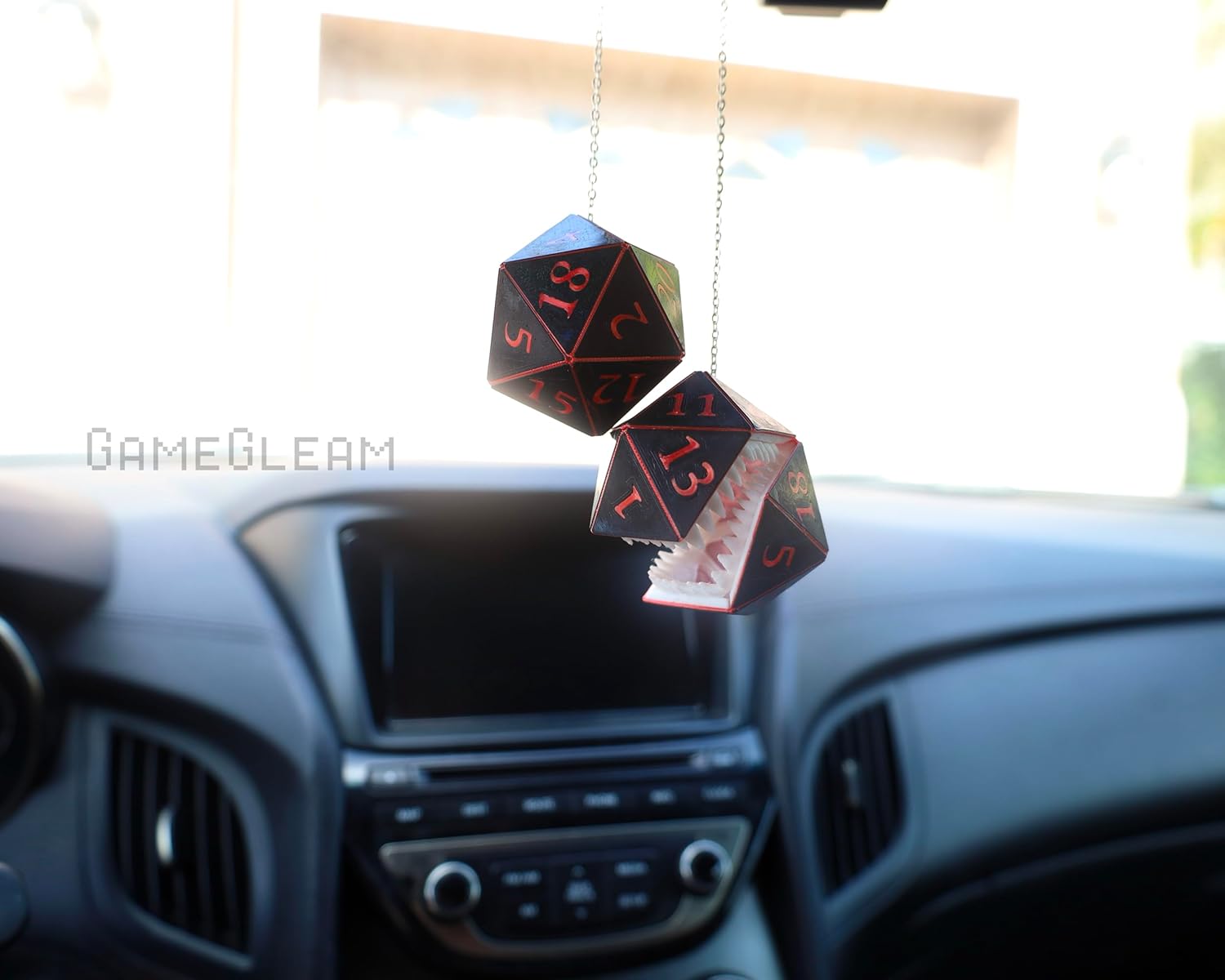 Pair of Mimic D20 Car Mirror Dice [2" Black and Red Holographic] - Hanging car Charm Rear View Mirror danglers - GameGleam (Black Body + Red Numbers)