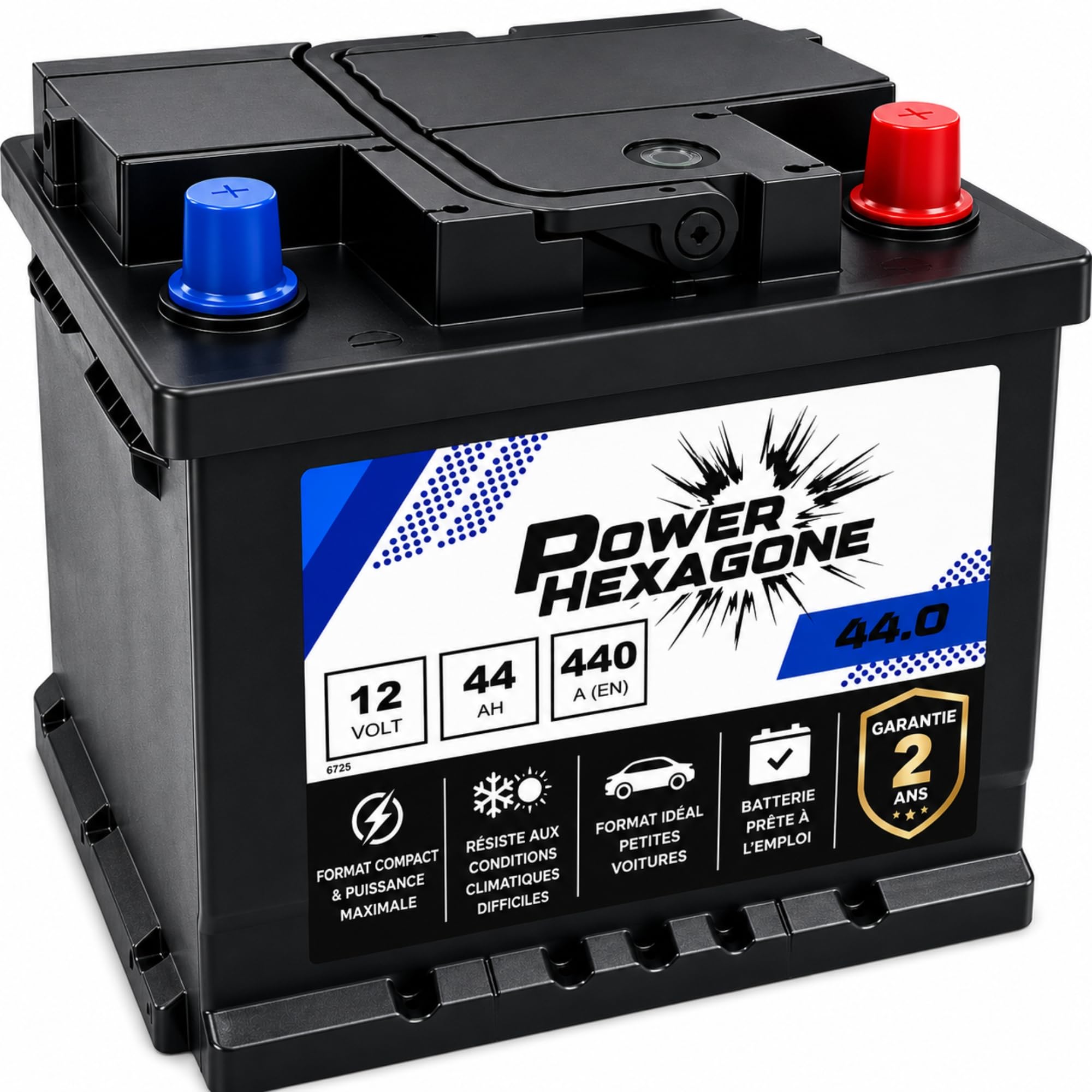 Batterie Voiture 12V 44Ah LB1 - Démarrage 440A - Format Compact pour citadine - Batterie Auto Sans Entretien - Remplacement Origine constructeur - Power Hexagone livraison rapide