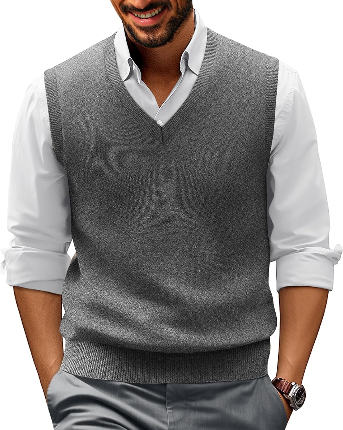 PJ PAUL JONES Mens V-Neck Knitted Sweater Vest Solid Plain Sleeveless Pullover Knitwear