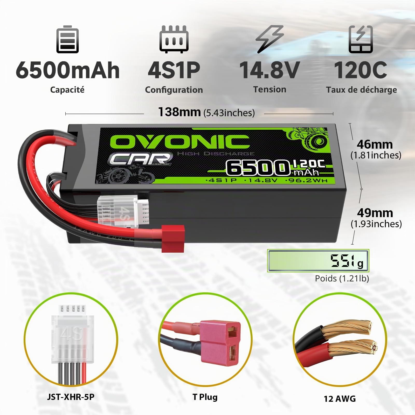 OVONIC Lot de 2 batteries Lipo 4S 14,8 V 120 C 6500 mAh avec prise Deans T pour voiture RC truggy quadcoptère hélicoptère camion bateau avion