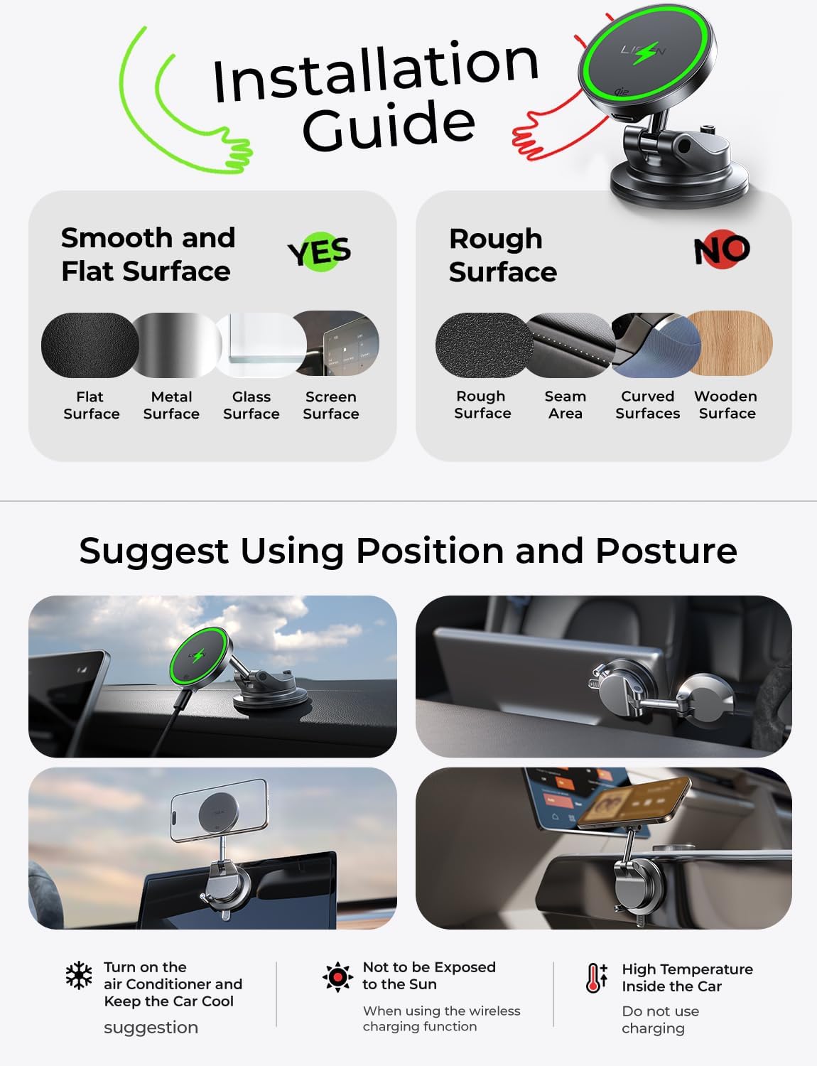 LISEN Qi2.2 25W Magsafe Car Mount Charger, [2026 Upgraded] Fast Wireless Car Charger, Car Phone Holder,Phone Holders for Your Car Accessories Vacuum Magnetic Phone Charger for iPhone 17 Pro Max 16-12 - Image 9