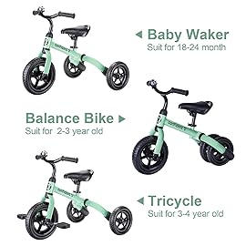 YGJT 3 in 1 Tricycle for Toddlers Age 2-5 Years Old, Folding Kids Balance Bikes with Adjustable Seat and Removable Pedal, Ride-on Toys for Infant, Gift for Baby Boys Girls Birthday (Mint Green)
