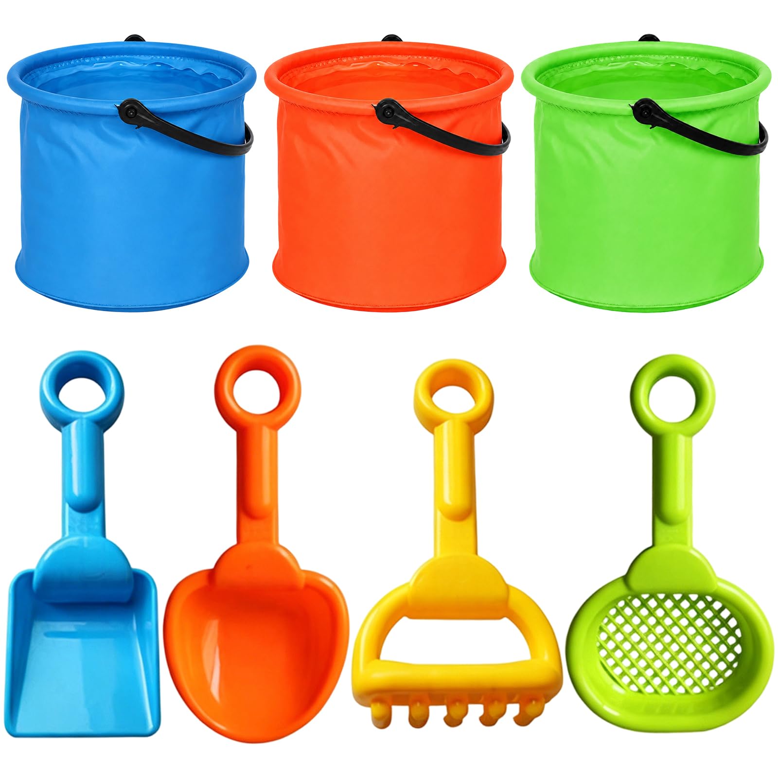 7Pcs Bucket and Spade Beach Set, Sand Play Collection, Foldable Buckets and Sand Tools for Outdoor Activities, Compact Storage Design with Three Colourful Buckets and Four Tools