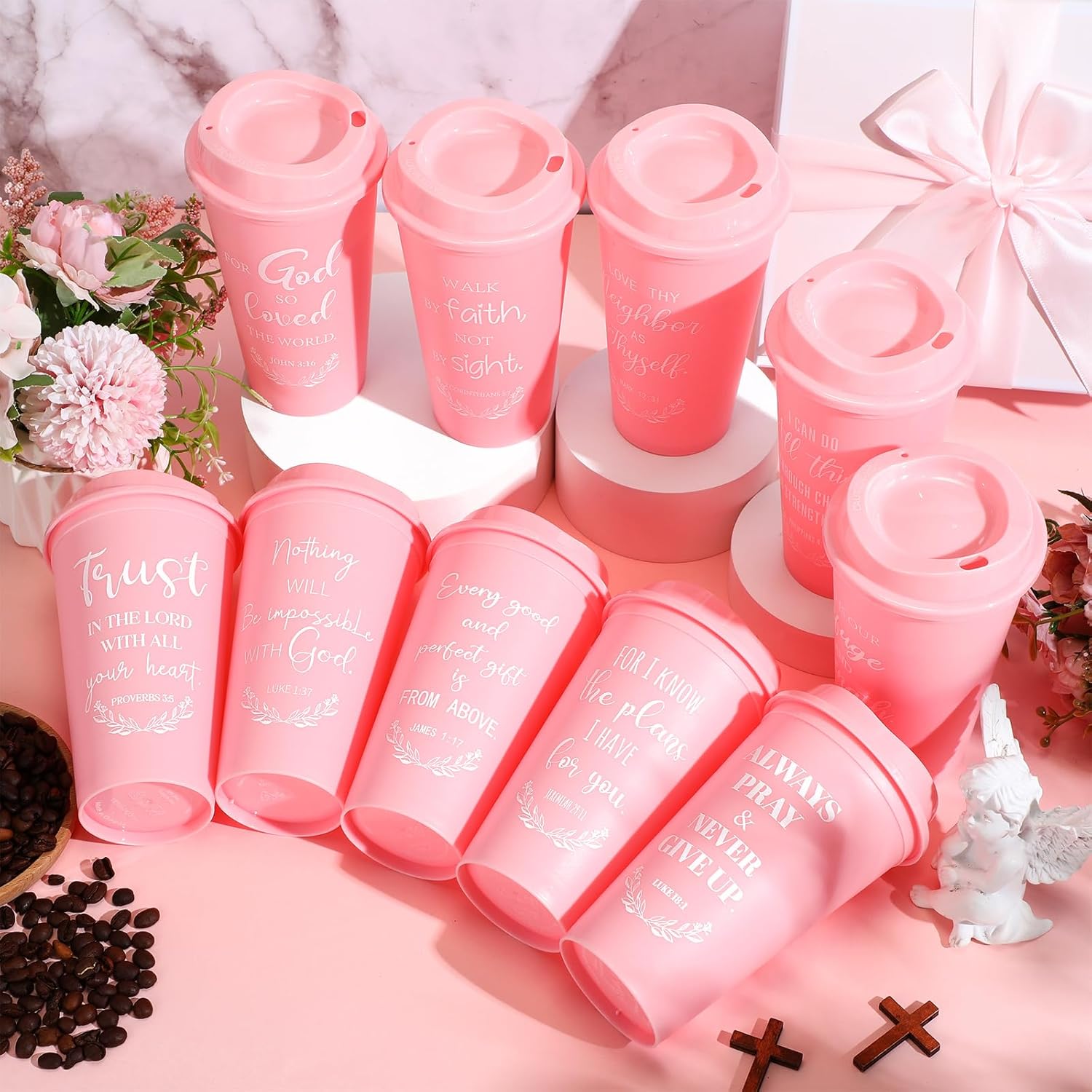 Skylety 60 Pack Christian Gifts for Men Women 16oz Reusable Bible Verse Tumbler Bulk Plastic Coffee Cups with Lids Inspirational Religious Church Gifts for Valentine Easter Birthday (Pink) - Image 6