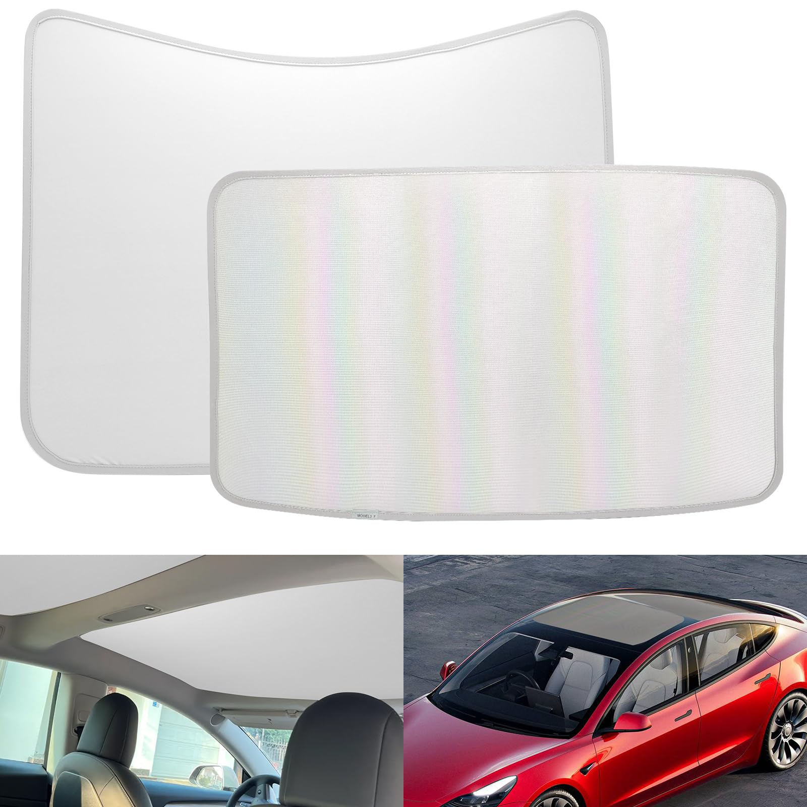 Photo 1 of [2024 Upgrade] Sunshade Roof for Tesla Model 3 2024 Colorful Ice Crystal Glass Roof Sunshade Sunroof No-Sag Design Retractable Sunshade Heat Insulation Roof Window Sun Protection Snap Foldable (White)