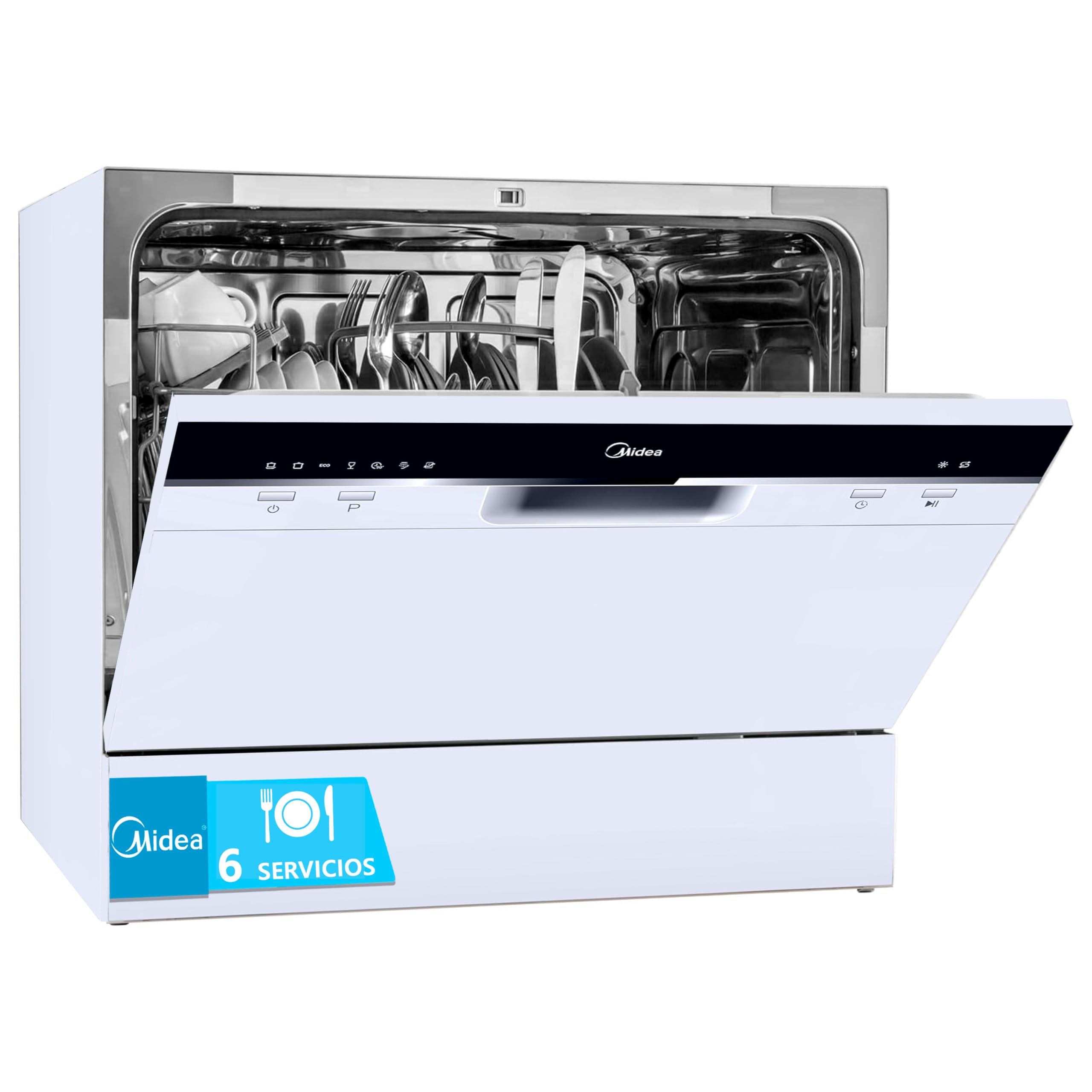 Midea Lavavajillas Pequeño Blanco 55 cm para 6 servicios - Lavavajilla Compacto y Portatil sin Instalación - Lavaplatos con Programa Eco Ahorro, Filtro Antibacterias y Programación Horaria