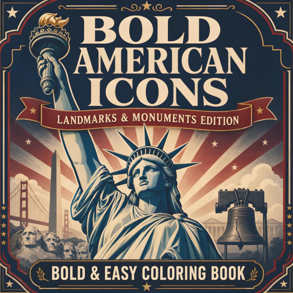 Bold American Icons Landmarks & Monuments Edition: A Bold & Easy Patriotic Coloring Book for Adults & Seniors