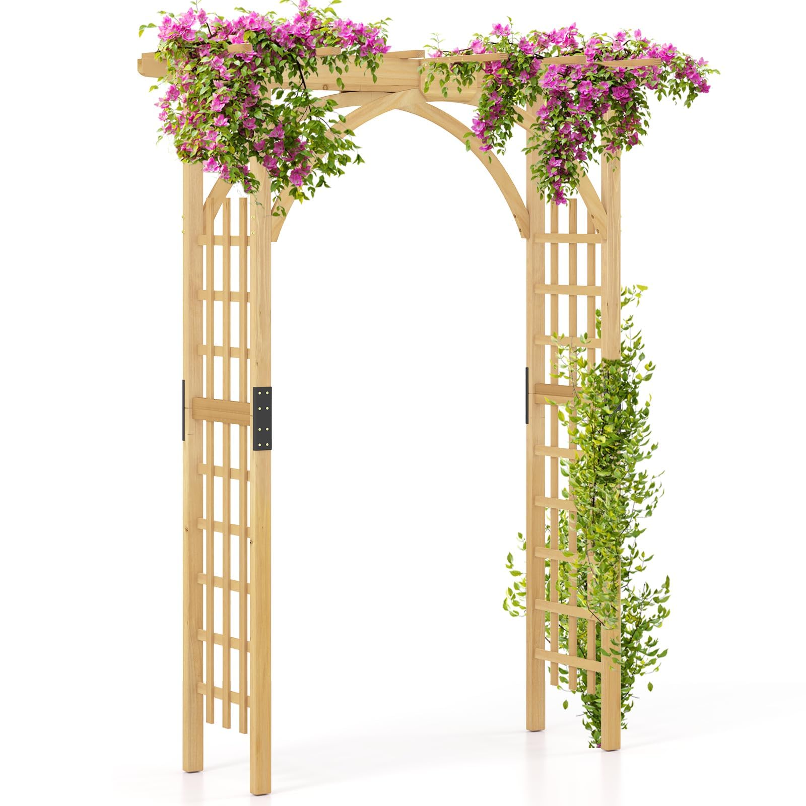 FANTASK Gartenbogen Holz, 160 x 60 x 213 cm, Rosenbogen mit Dach für Kletterpflanzen & hängende Körbe, Rankbogen Tannenholz, Rankgitter für Garten, Hochzeit, Party (Natur)