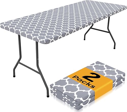 Smiry 2 Pack Rectangle Table Cloth 6 Foot, Waterproof Elastic Fitted Tablecloths, Windproof Washable Polyester Table Cover for Picnic, Camping, Outdoor (Grey, 30"x72")