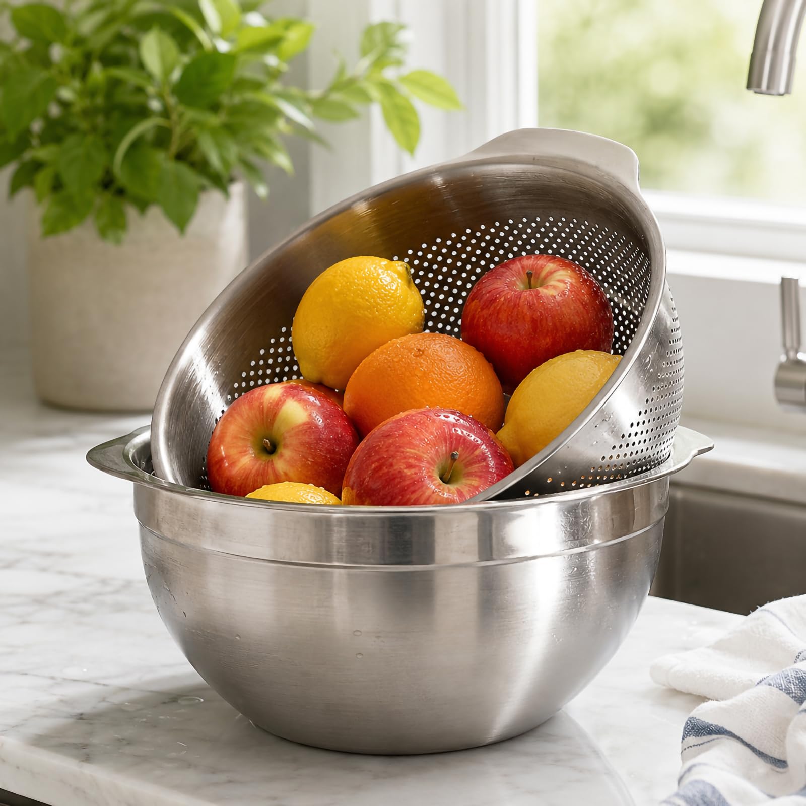 Produce - Juego de coladores para lavar (27 cm) | Lavabo de acero inoxidable 304, cesta de drenaje con asas, herramienta de enjuague de cocina