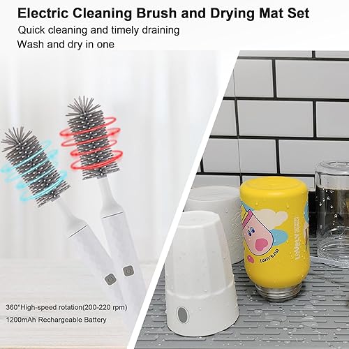 Miniatura 5 de Juego de cepillos de limpieza con cepillo eléctrico recargable por USB, cepillo de botella de silicona reemplazable de 3 piezas y tapete de secado