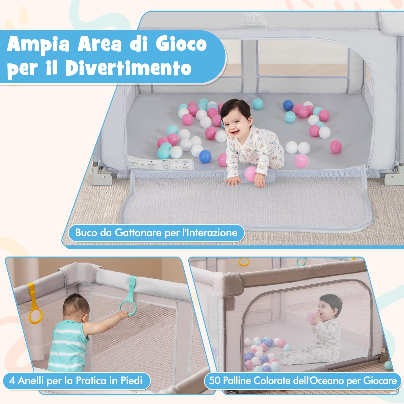 RELAX4LIFE Parque Infantil Bebe 127 x 127 cm con 4 Anillas y 50 Bolas Oceánicas, Corralito Bebe con Bolsa de Trasnporte, Puerta con Cremallera, Parque de Juegos para Niños de 0-3 Años (Gris)