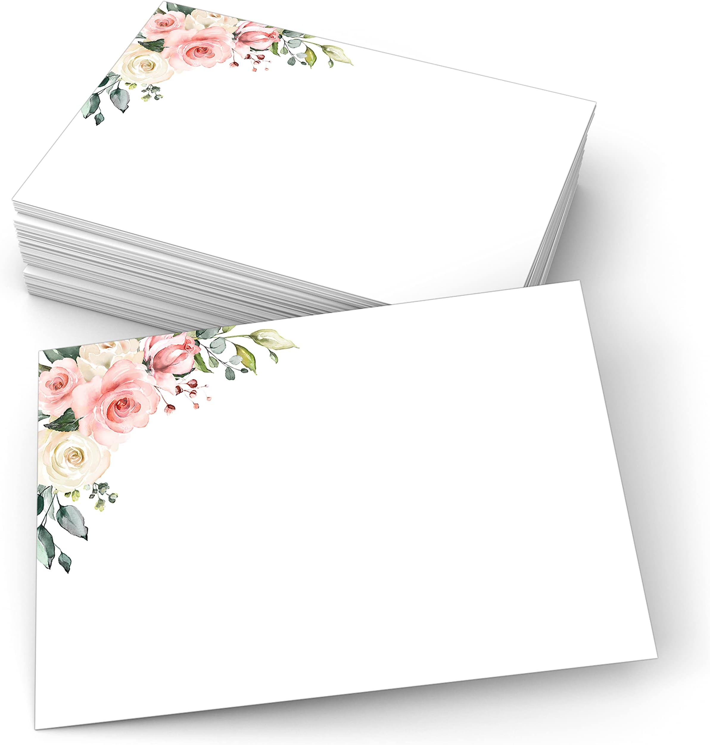 321Done Pink Roses Cards 4x6 White (50 Pack), Made in USA, Cute Floral Design Left Corner, Plain Blank to Make Your Own Notecards, Invites, Greeting Cards, Table Cards, Thick Heavy Cardstock
