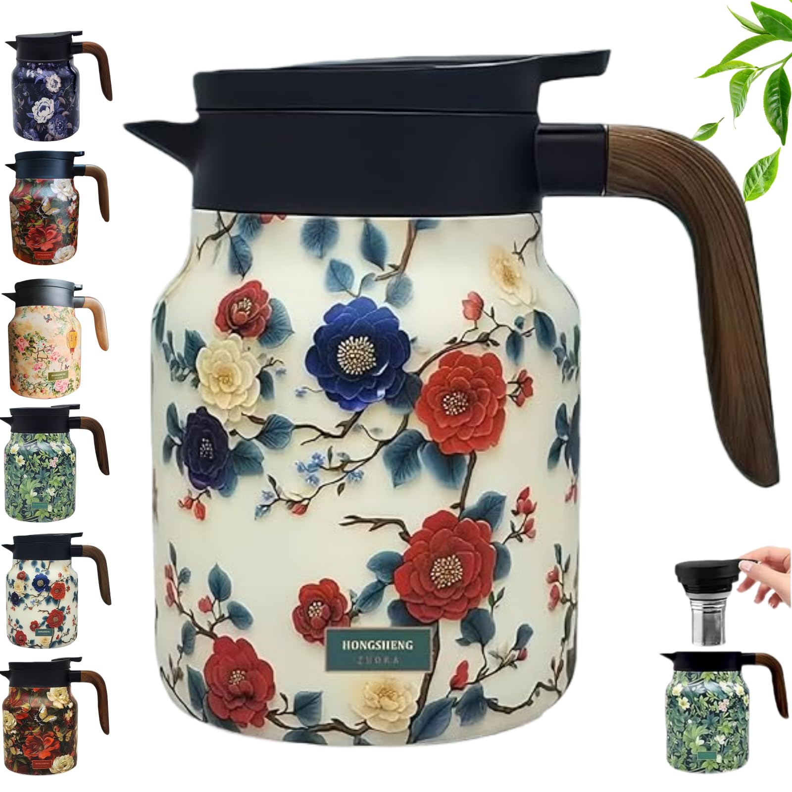 Upgrade Bloom On Hotpot Teekanne, Vintage-Teekanne Edelstahl mit Blumenmuster Integriertem Teesieb und feinmaschigem Filter (E,1000ML)