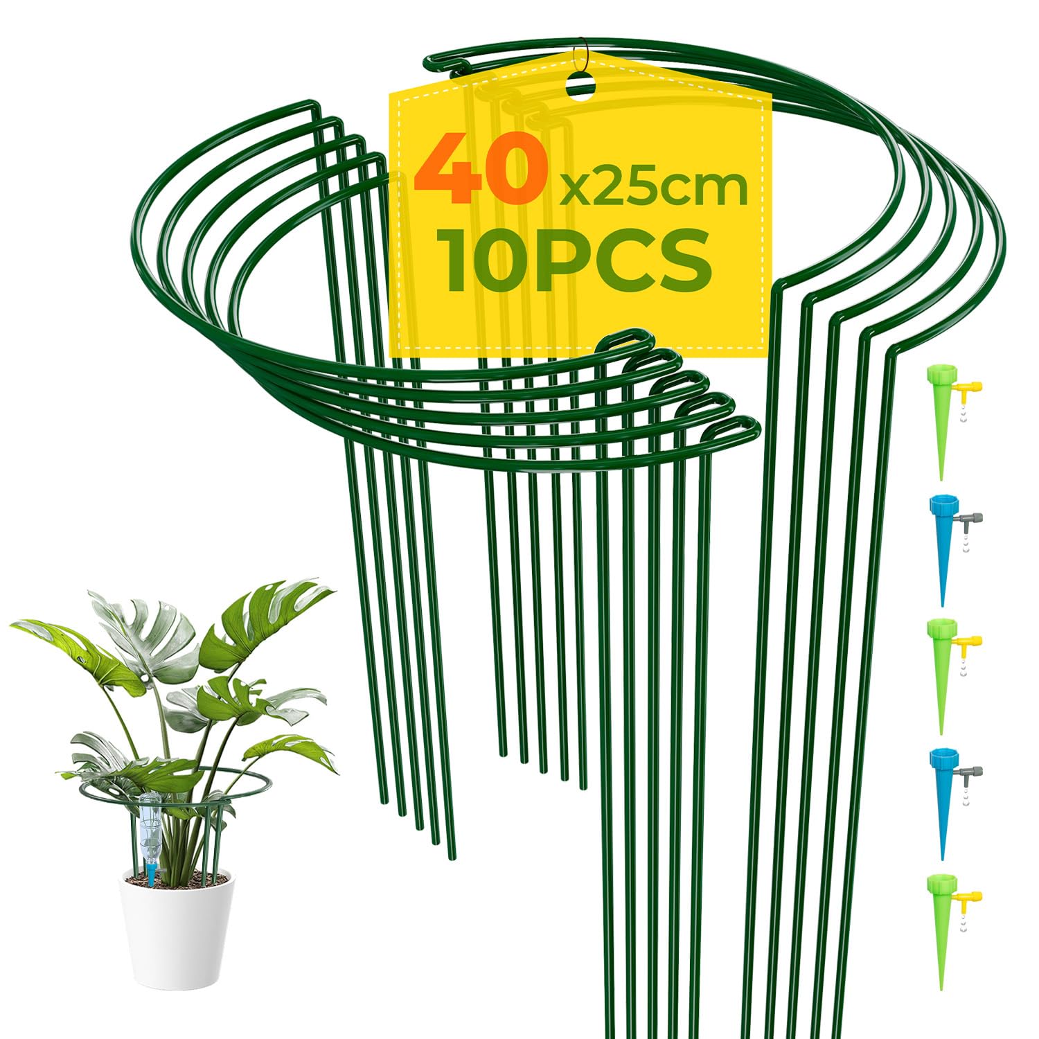LyTaispuly 10 Stück 40 cm hohe Pflanzenstützpfähle, groß, Starkes Metall, halbrunde Gartenstützen, grüne Schleife, Ringkäfig mit 5 selbstbewässernden Spikes für Pfingstrose, Monstera (40 cm/10 Stück)