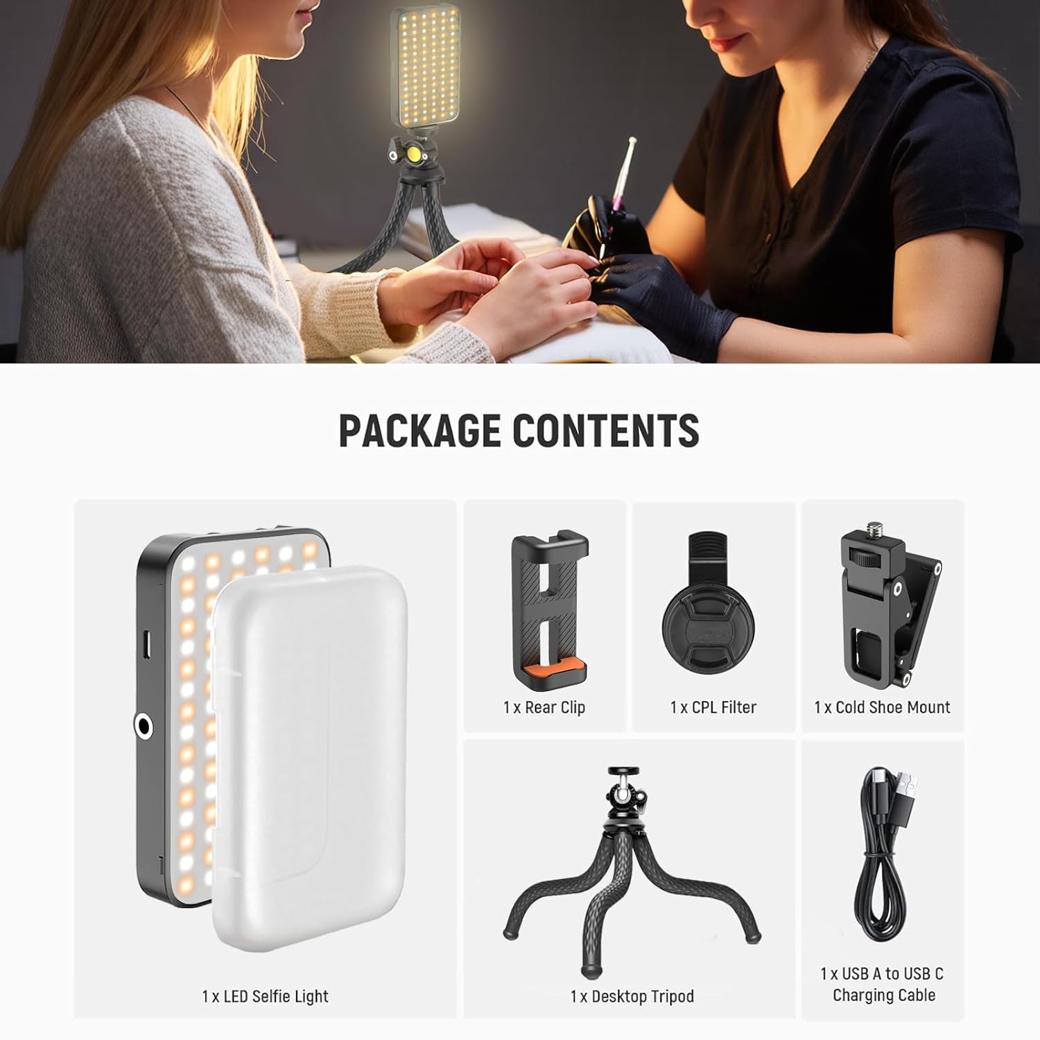 Selfie Tattoo Light Kit,Tattoo Equipment Supplies,Remove Glare LED Tattoo Photography Video Lights with 52mm CPL,Tripod Light,Dual Clips for Video Recording,TikTok,YouTube,for Phone,Camera,Laptop,iPad