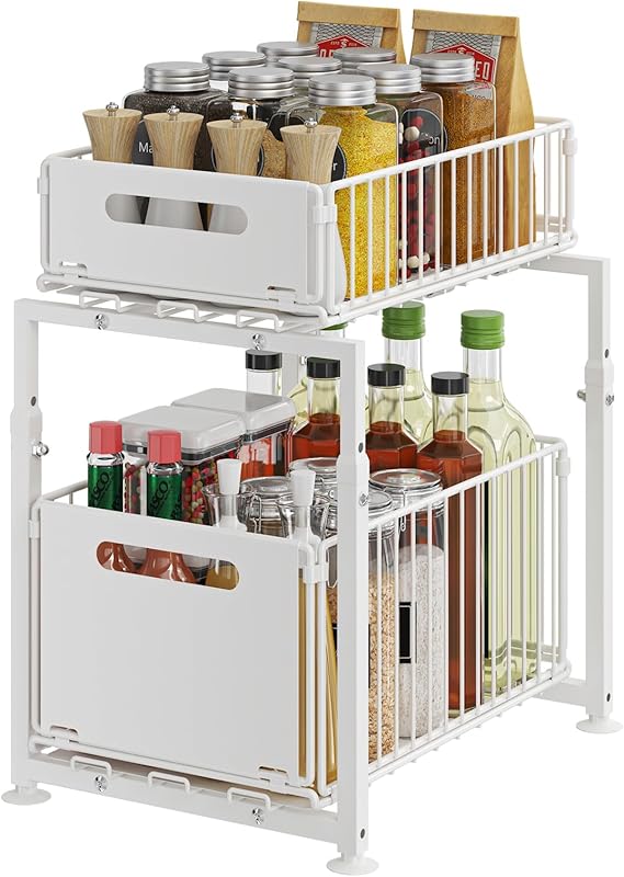 Rangement sous Evier 2 Niveaux Organisateur de Cuisine en Métal étagère à épices Organiseur Coulissant (Blanc, Modèle-A)