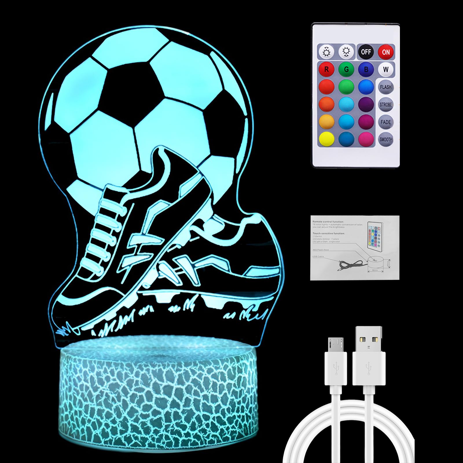 ZJRung Luz Nocturna de Fútbol 3D para Niños Luz Nocturna Infantil de 16 Colores Interruptor Táctil USB con Control Remoto Luz de Noche de Mesa LED Regalo de Fútbol para Niños