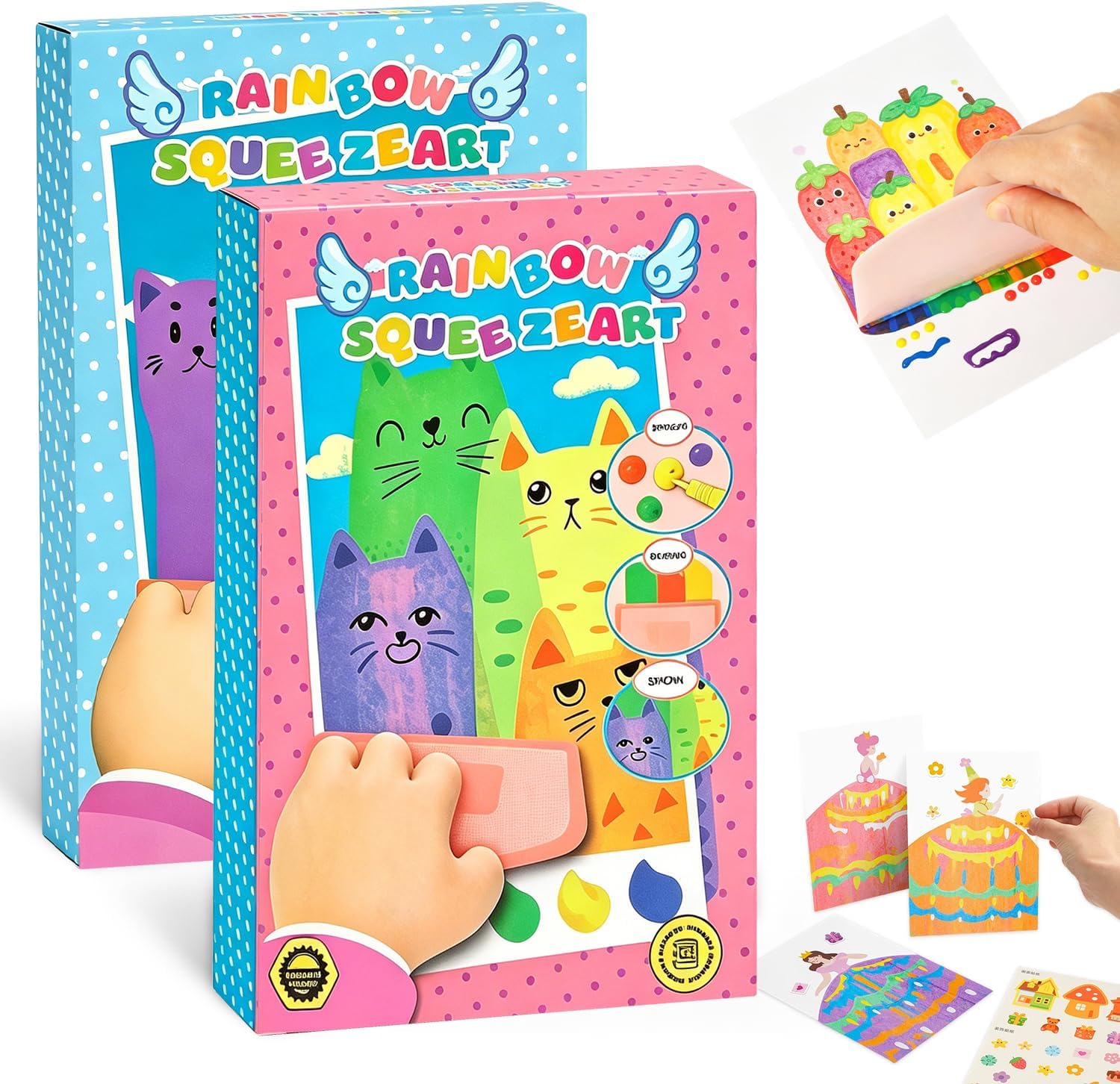 Rainbow Squeeze Art Kit, Creative Squeegee Painting Kit, Magic Rainbow Scratch Paper Art Set, DIY Postcards Scrath Art Party Favors Novelty with Paints Pens Stickers and Scraper