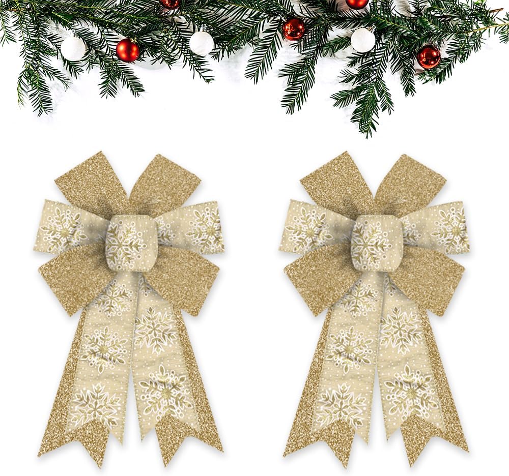 ABTOLS 2PCS Christmas Wreath Bows, Gold Glitter Bows for Wreath Xmas Decor Bow for Front Door Christmas Snowflake Tree Topper Bows for Winter New Year Wall Ornaments Home Indoor Outdoor Decor