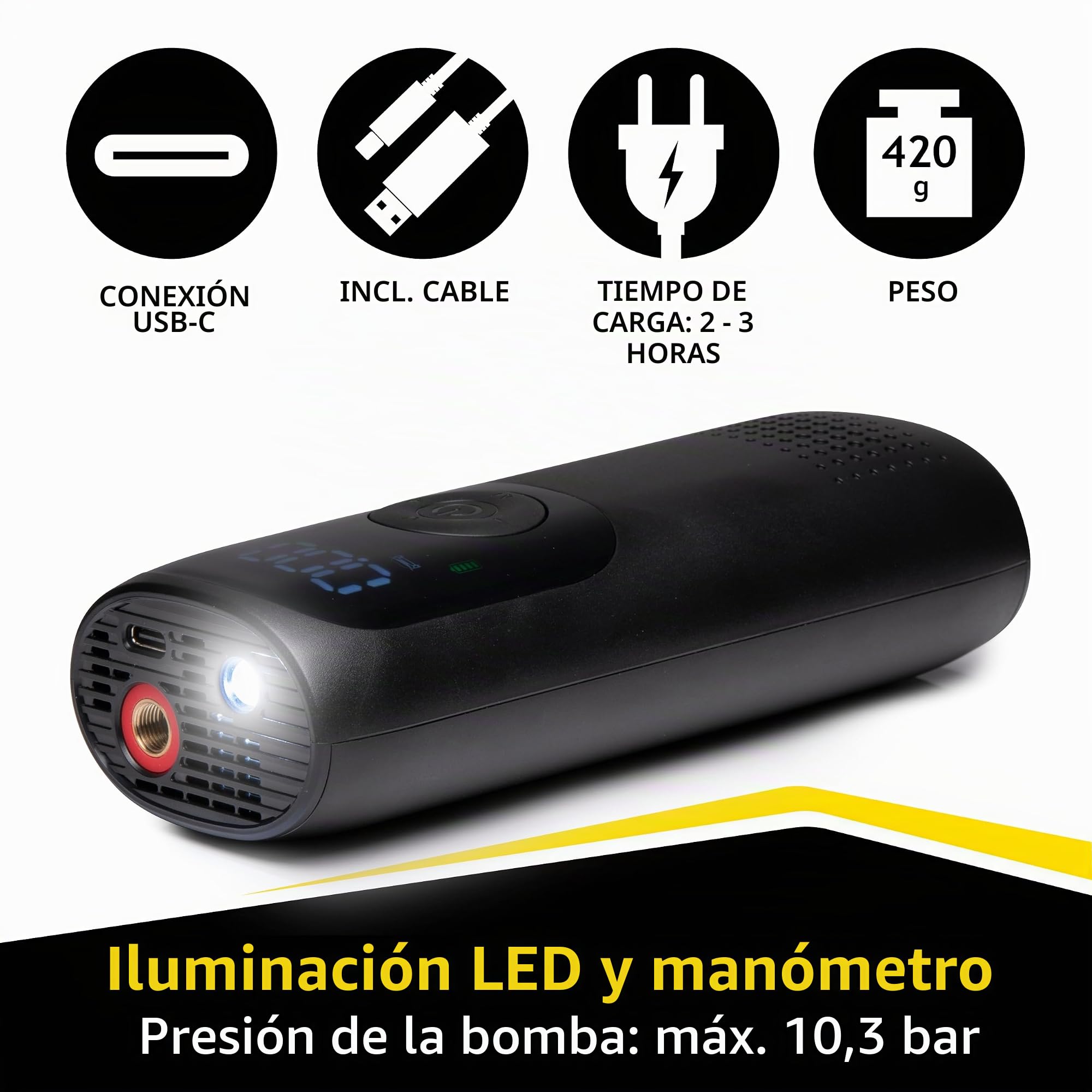 Dunlop Mini Compresor de Batería Bomba de Aire Eléctrica 150PSI - Universal y USB C - Pantalla Digital - Luz LED - Negro