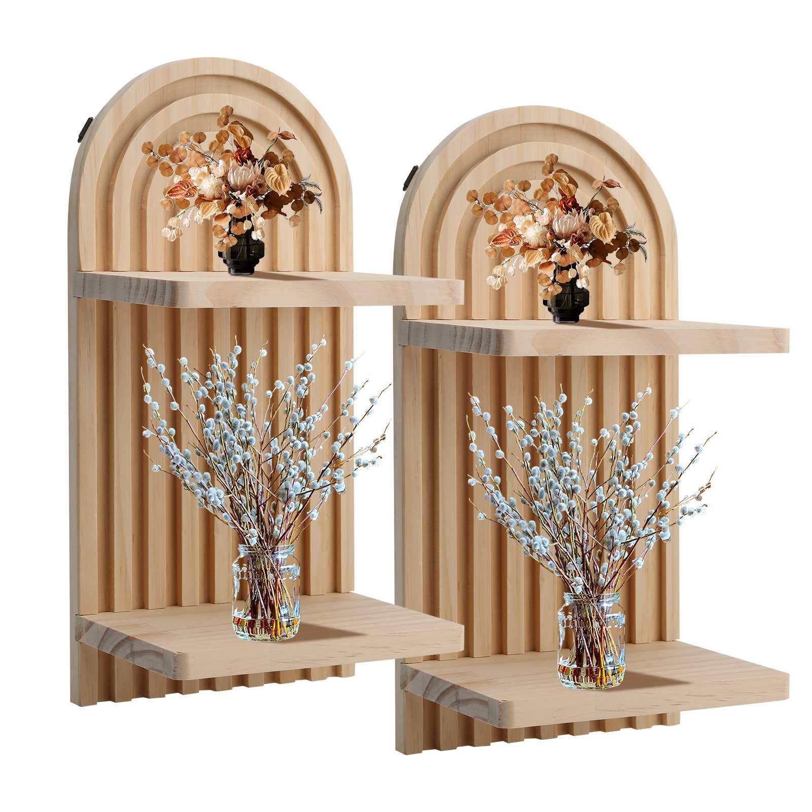 SunshineFace 2 Pcs Wooden Arched Boho Wall Shelf Mid Century Modern Double Layer Bohemian Hanging Floating Shelves for Living Room Bedroom Bathroom