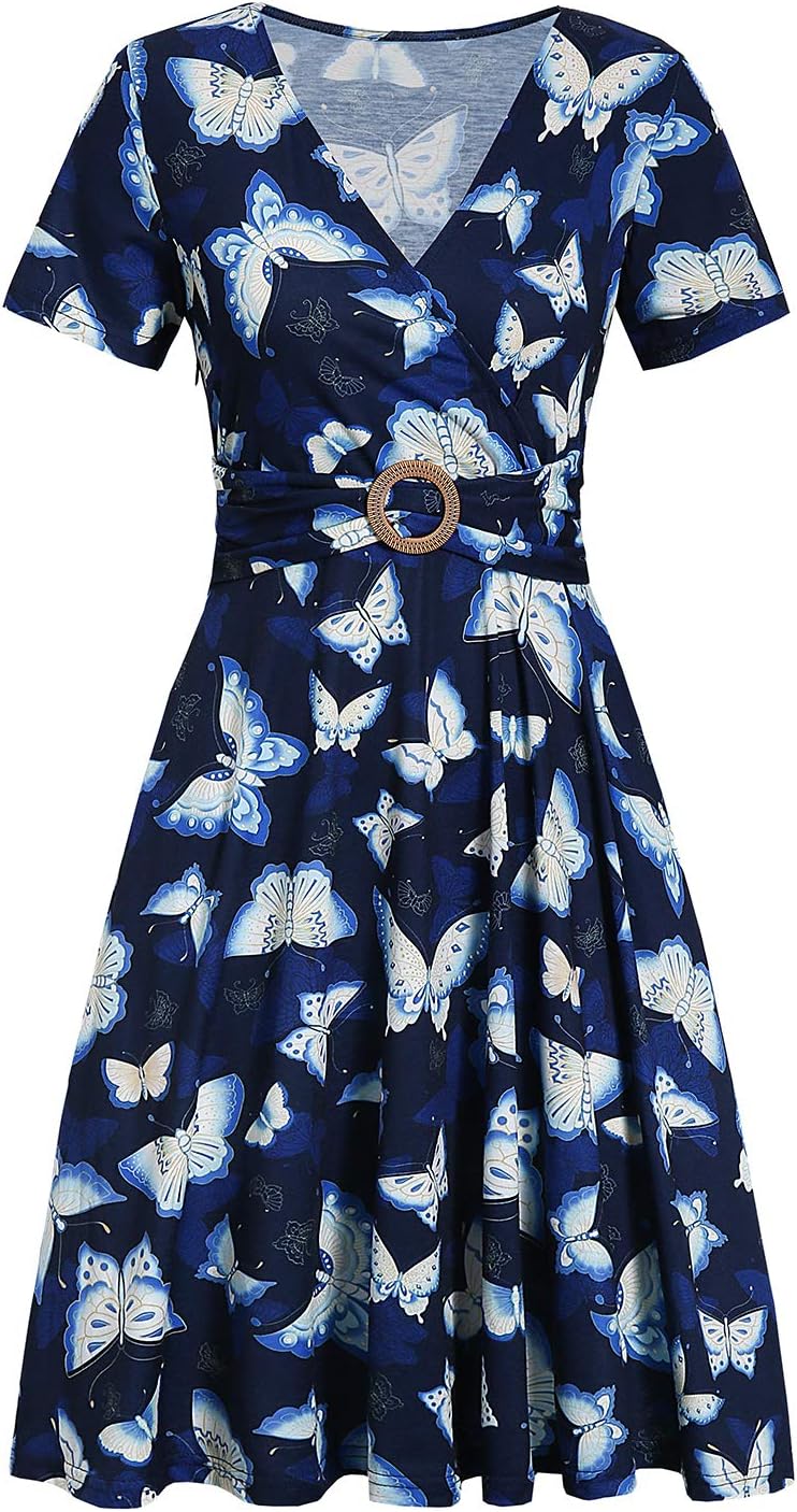 Women's Elegant Criss-Cross V Neck Vintage Short Sleeve Work Casual Fit and Flare Tea Dress with Pockets 980 - Image 3