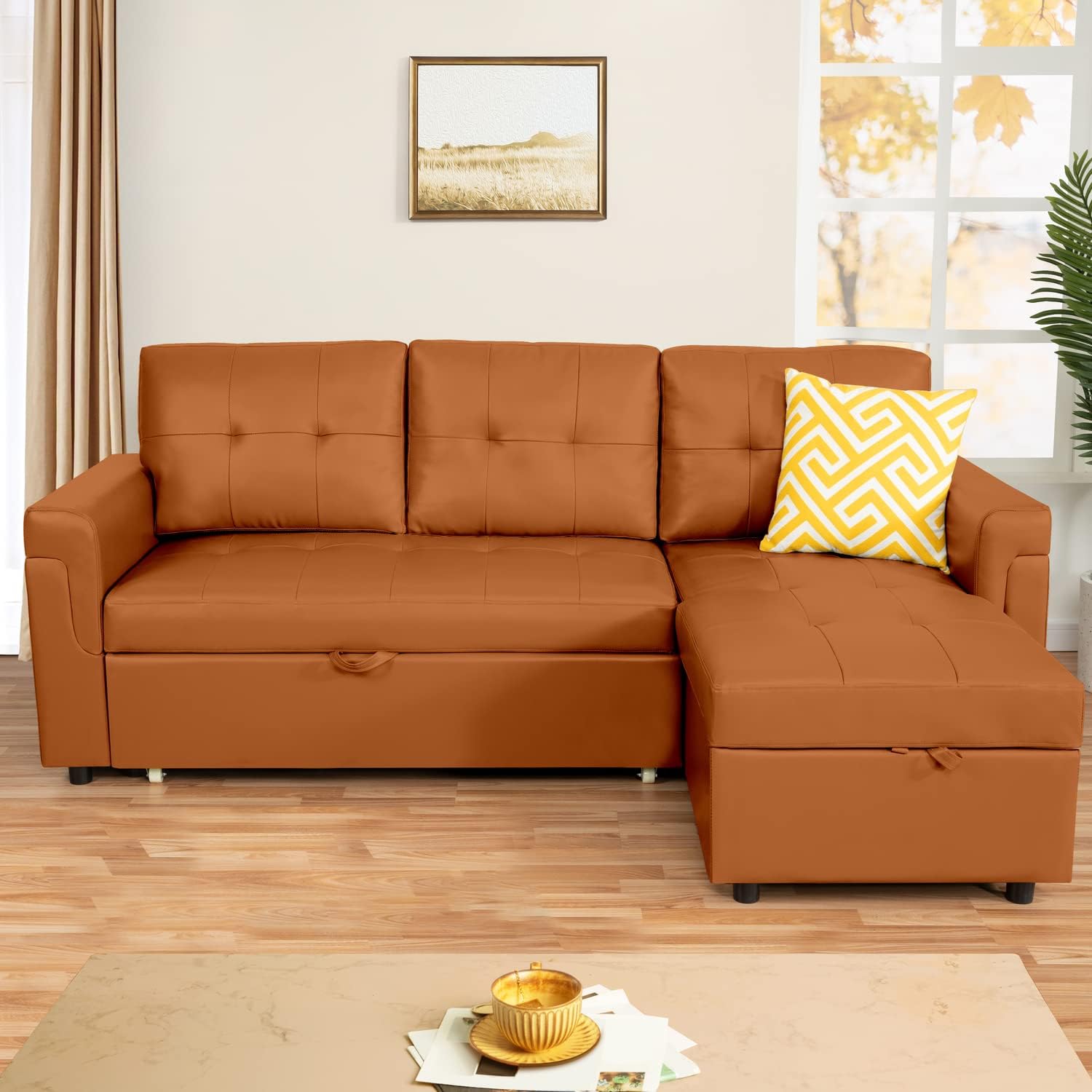 Comfy Reversible Sleeper Sofa: Your Easy Guest Accommodation Solution with Hidden Storage & Pull-Out Bed - L-Shaped Sectional Sofa Couch in Caramel/Air Leather with and Durable & Dense Cushions