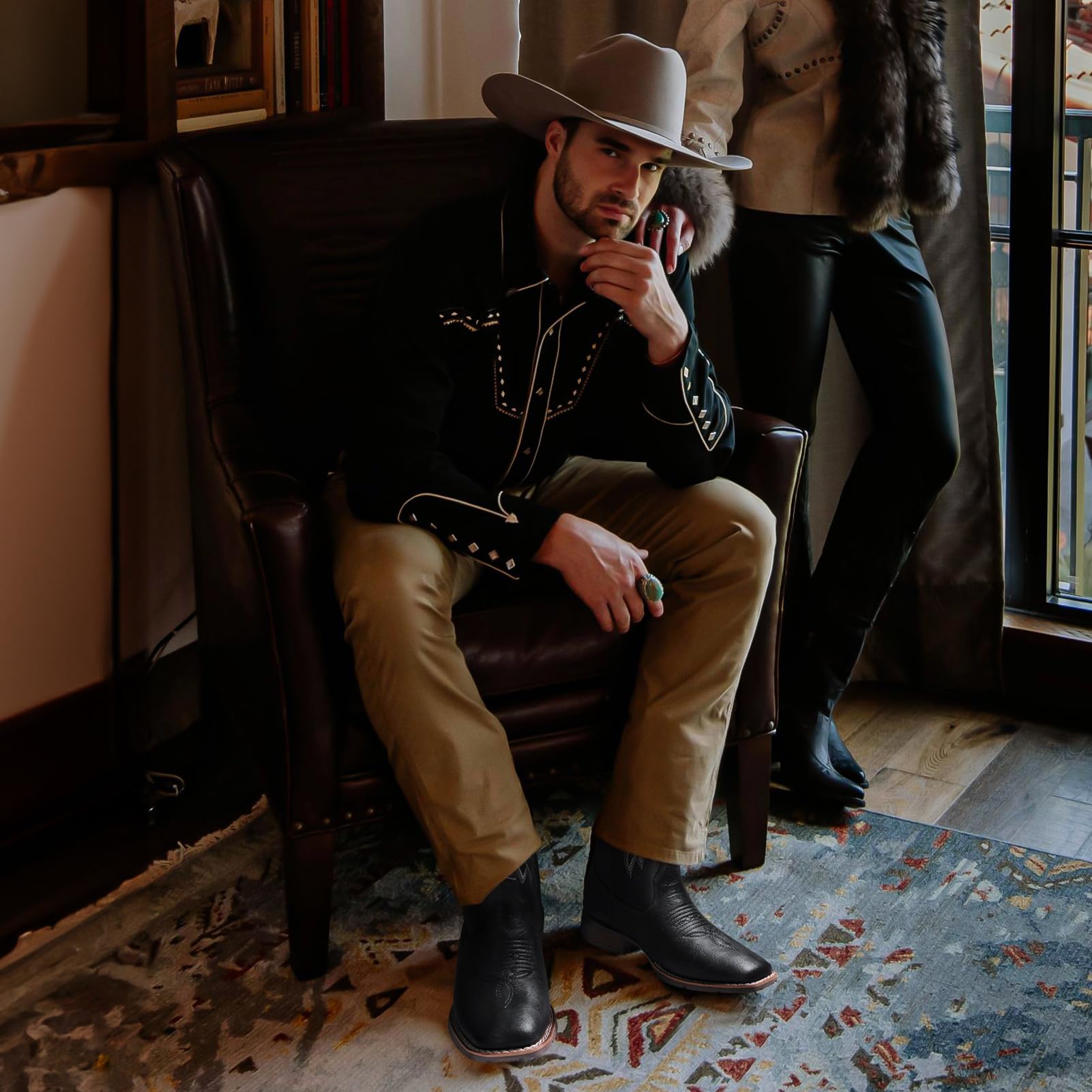 Lumeheel Cowboy Boots for Men - Western Men's Boots with Classic Embroidered, Slip on Square Toe Boots, Slip Resistant Country Boots Chunky Heel Ankle, Durable Short Boots for Spring Fall