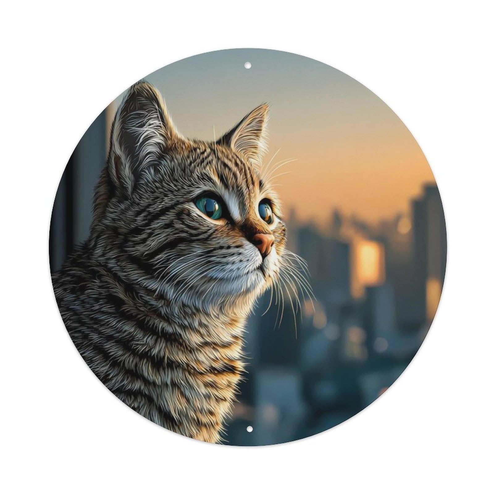Animal Tabby Cat Cityscape Sunset Curious Cat Vintage Metal Tin Sign Plaque Wall Decor for Cafe, Club Bar, Office, Garden Metal Poster 8x8Inch