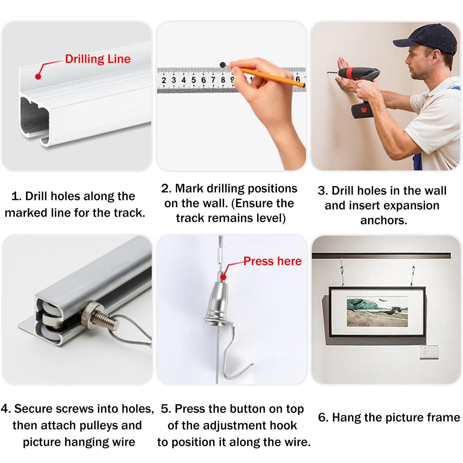 Bildaufhängeschiene Einfaches Fotowandsystem Mit Verschiebbarer Aluminium-Aufhängeschiene Für Bilderanordnungen, Galerie-Set Haken Für Familienfotos(2m/79"/6.6' Cable,L 2m/6.6' rail)