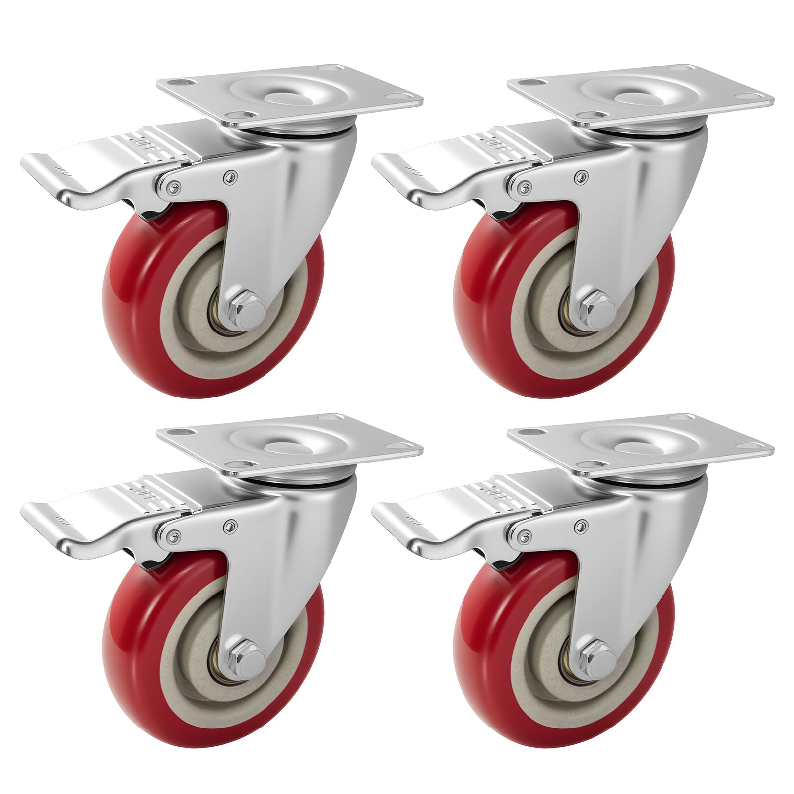 SUNNYNEST Set of 4 Caster Wheels 4 Inch Red Swivel Casters 100mm No Floor Marks Silent Caster for Moving Furniture - Rubbered Swivel Trolley Wheels for Furniture (Four-brake model)