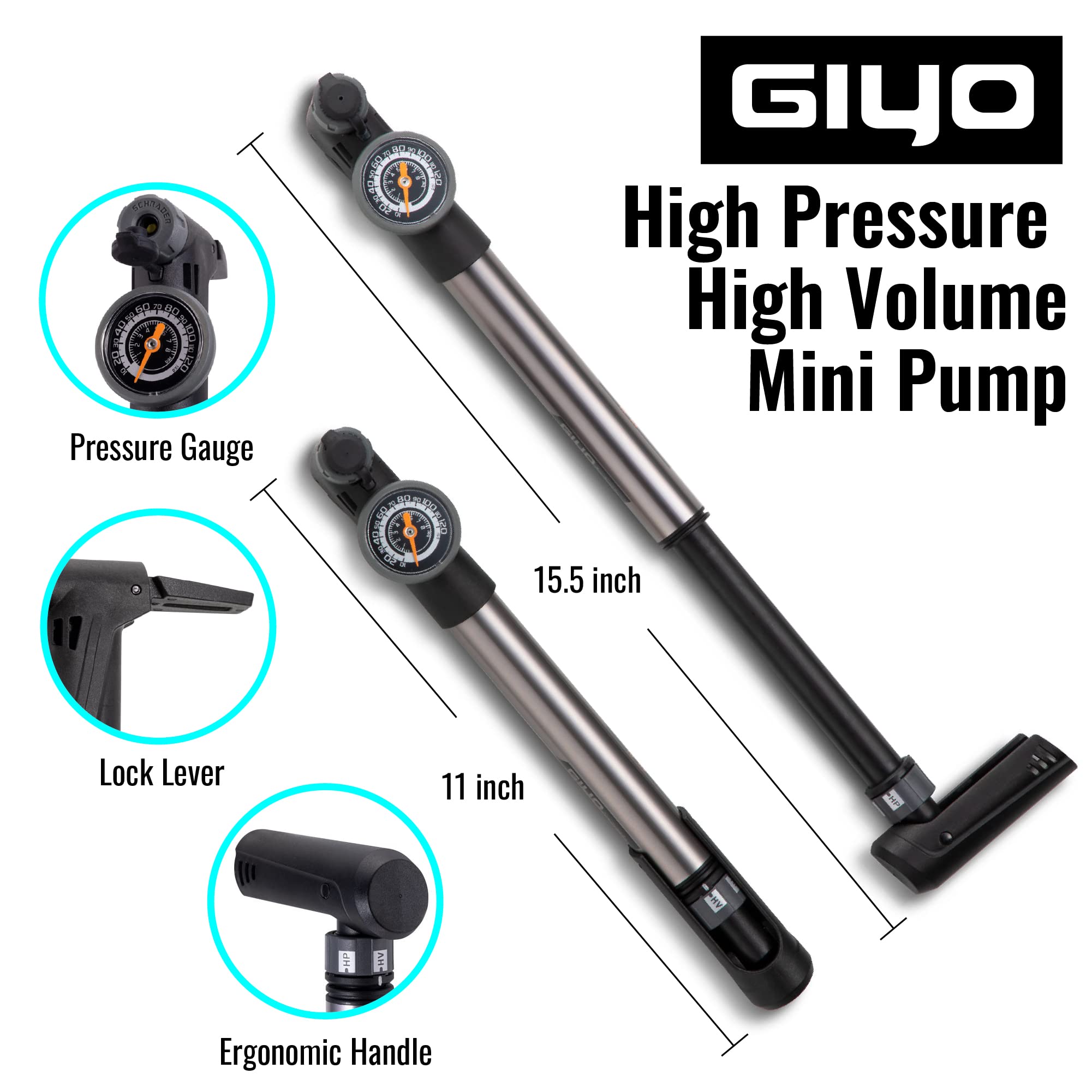 GIYO Mini pompe à vélo unique haute pression commutable avec manomètre | Valve intelligente compatible avec Presta et Schrader Max 120 PSI pour VTT et route GP-993 (fabriquée à Taïwan)
