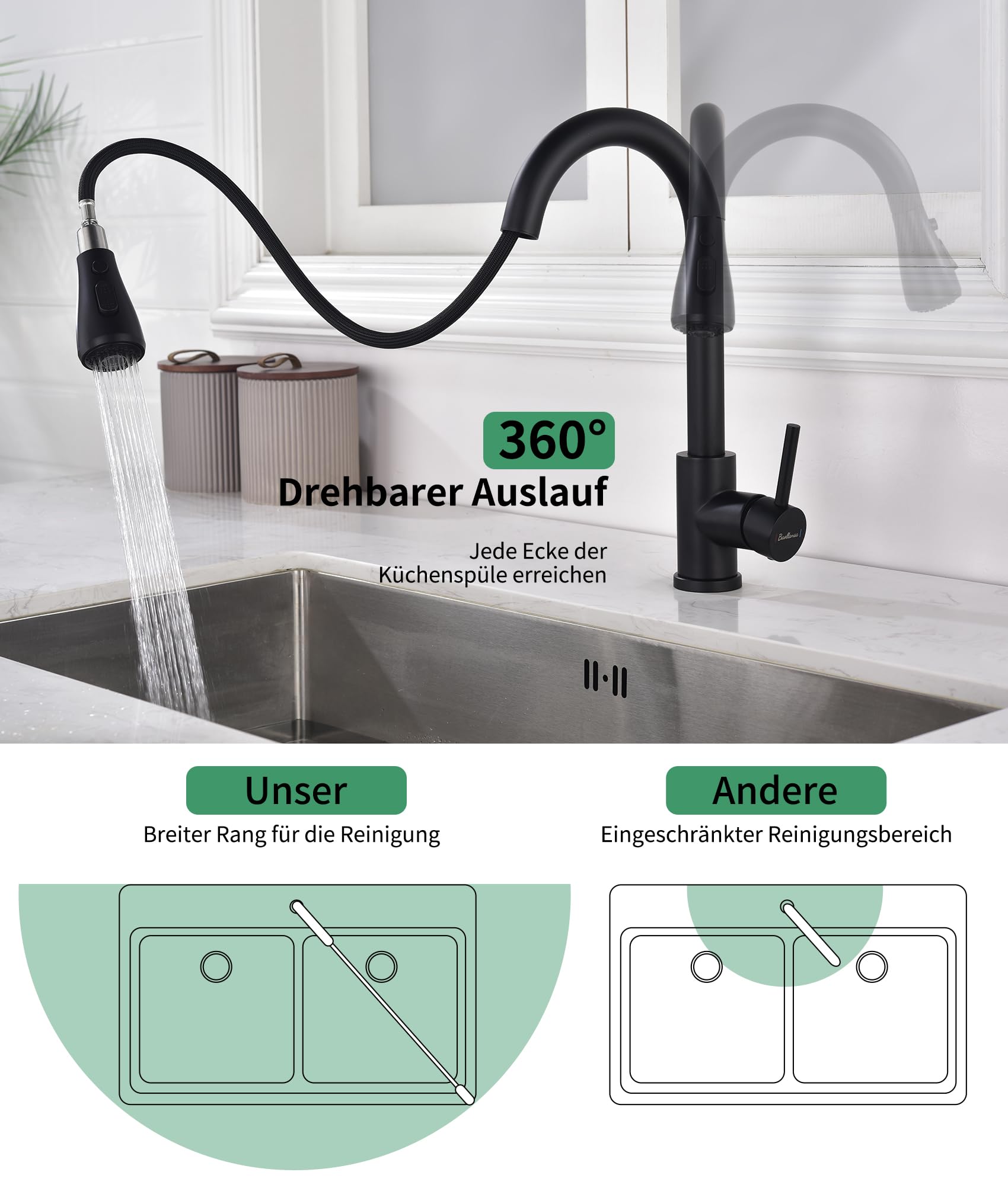Ausziehbarer Küchenwasserhahn Mit 3 Sprühfunktionen – 360° Drehbar, Hochdruck, Edelstahl Gebürstet