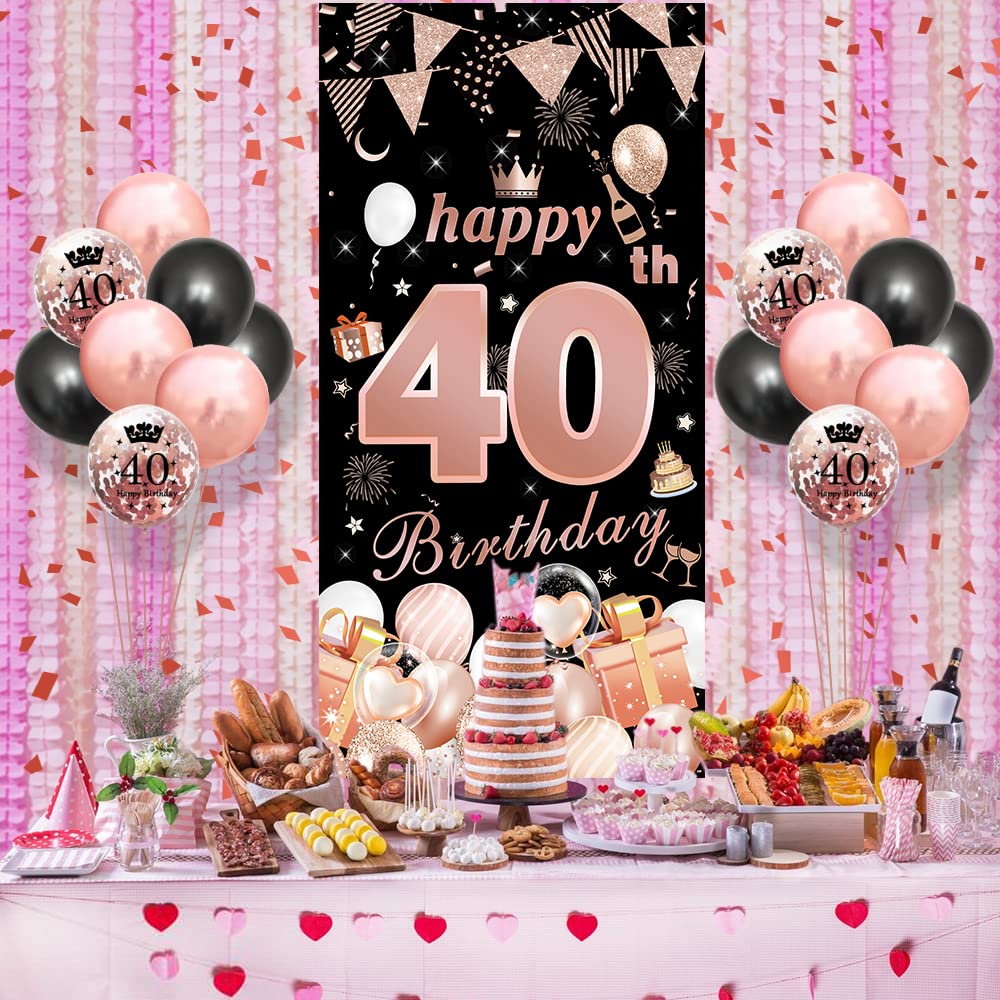 Décoration Anniversaire 40 Ans Femme - Ballon Chiffre 40, Bannière, Fanions, Cake Topper - Thème Rose Or Et Noir