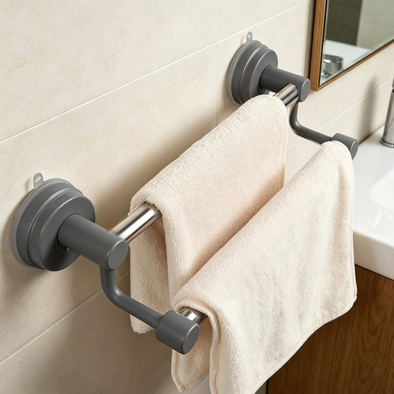 Suction Cup Double Towel Rail Wall Mounted Scalable 28-48cm, No-drill Towel Rail Stainless Steel, for Bathroom Toilet (Gun Grey)