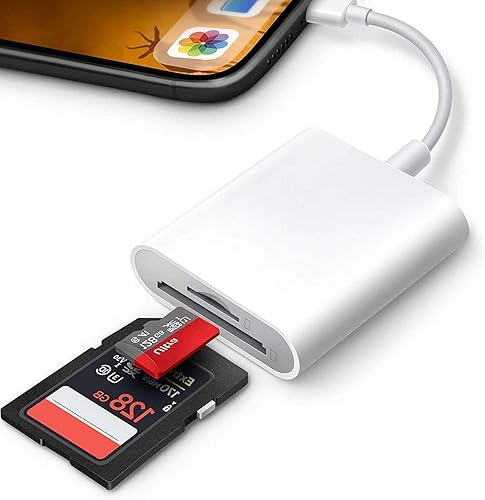 Certificado MFi de Apple Lector de cámara de tarjetas Lightning a SD para iPhone iPad, ranura para tarjeta dual para iPhone, iPad, adaptador de