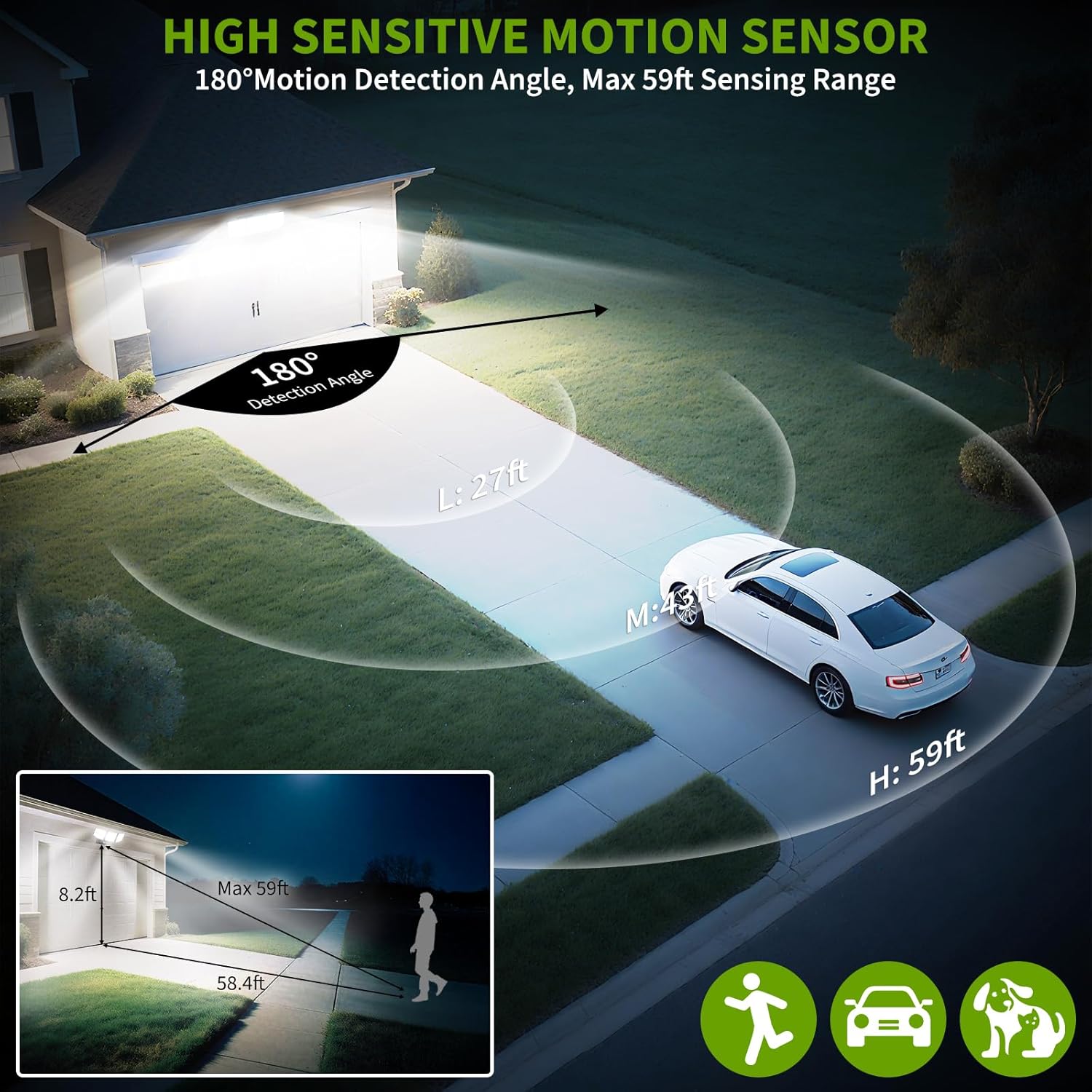 38W 7500LM LED Security Lights Outdoor with Remote Control, 6500K Motion Sensor Flood Light, 3 Modes, IP65 Waterproof, Dusk to Dawn 3-Head Floodlight Fixture for Garage, Yard, Porch (Black)