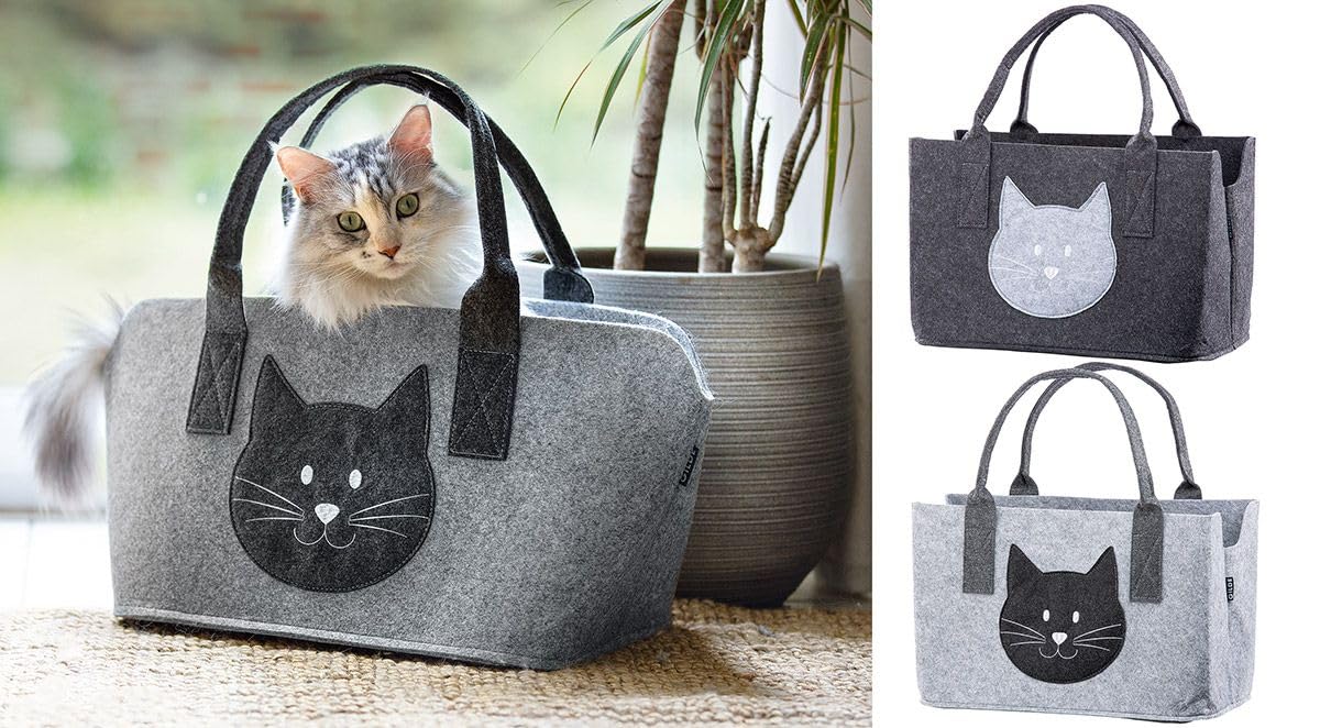 Filztasche in Dunkelgrau oder grau "Katze" Shopper Tragetasche, Handtasche, Geschenk, Einkaufstasche, Tierliebe, Katzenliebe Breite 40cm Filz Kitty Cat