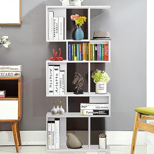 Miniatura 8 de Giantex Juego de 2 estanterías geométricas de 5 niveles, madera de 70 pulgadas de alto, estantes abiertos independientes con dispositivo antivuelco,