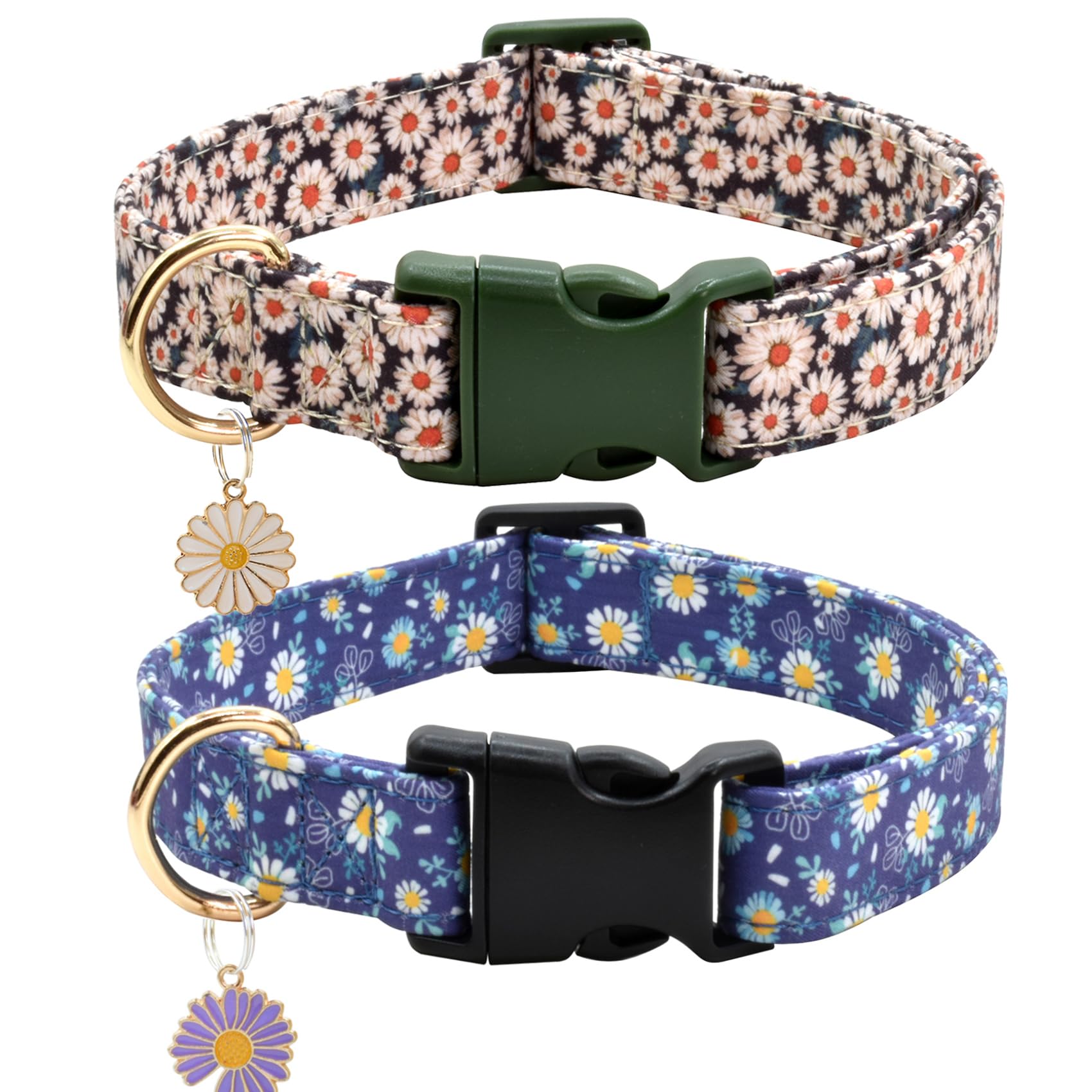 Flower Patterns Dog Collar with Accessories, Soft Cotton Dog Collars for Small Medium Large Female and Male Dog(Daisy&Wild Chrysanthemum L)