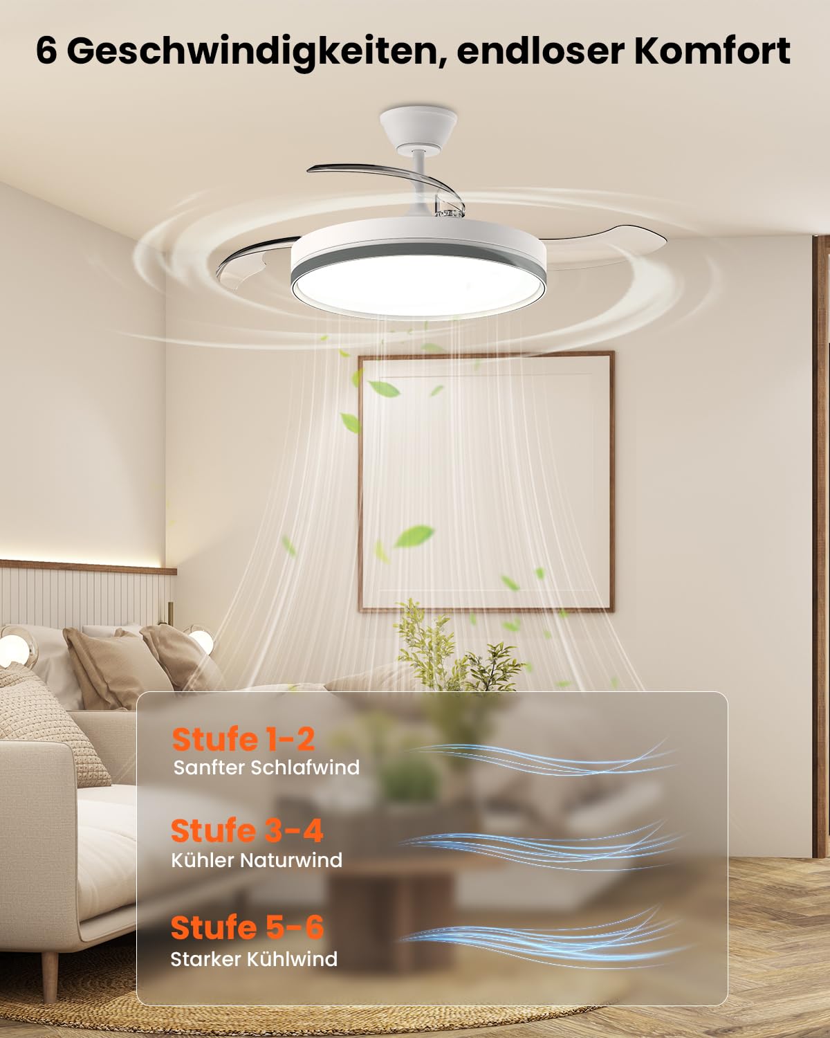 Airwit 106cm Einziehbares Deckenventilator mit Beleuchtung und Fernbedienung, 3 Farbtemperaturen Lampe mit Ventilator, Leise Deckenventilator mit Licht DC Motor für Wohnzimmer, Schlafzimmer