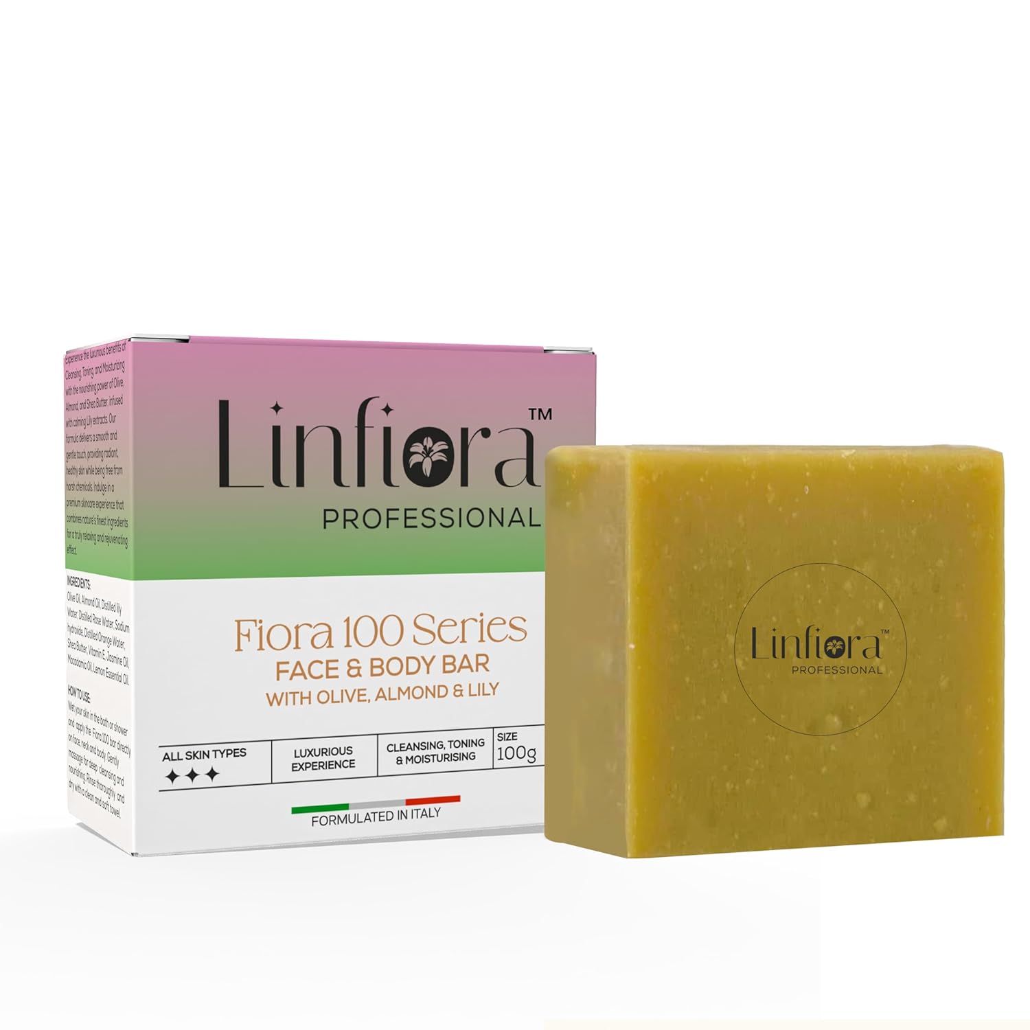 Linfiora Professional Fiora 100 Series Luxury Face and Body Bar Soap, 100g | 100% olive oil, almond oil, lily essence and shea butter | Some sulfate, no perbean. For all types of skin and age groups Linfiora Professional Fiora 100 Series Luxury Face and Body Bar Soap, 100g | 100% olive oil, almond oil, lily essence and shea butter | Some sulfate, no perbean. For all types of skin and age groups