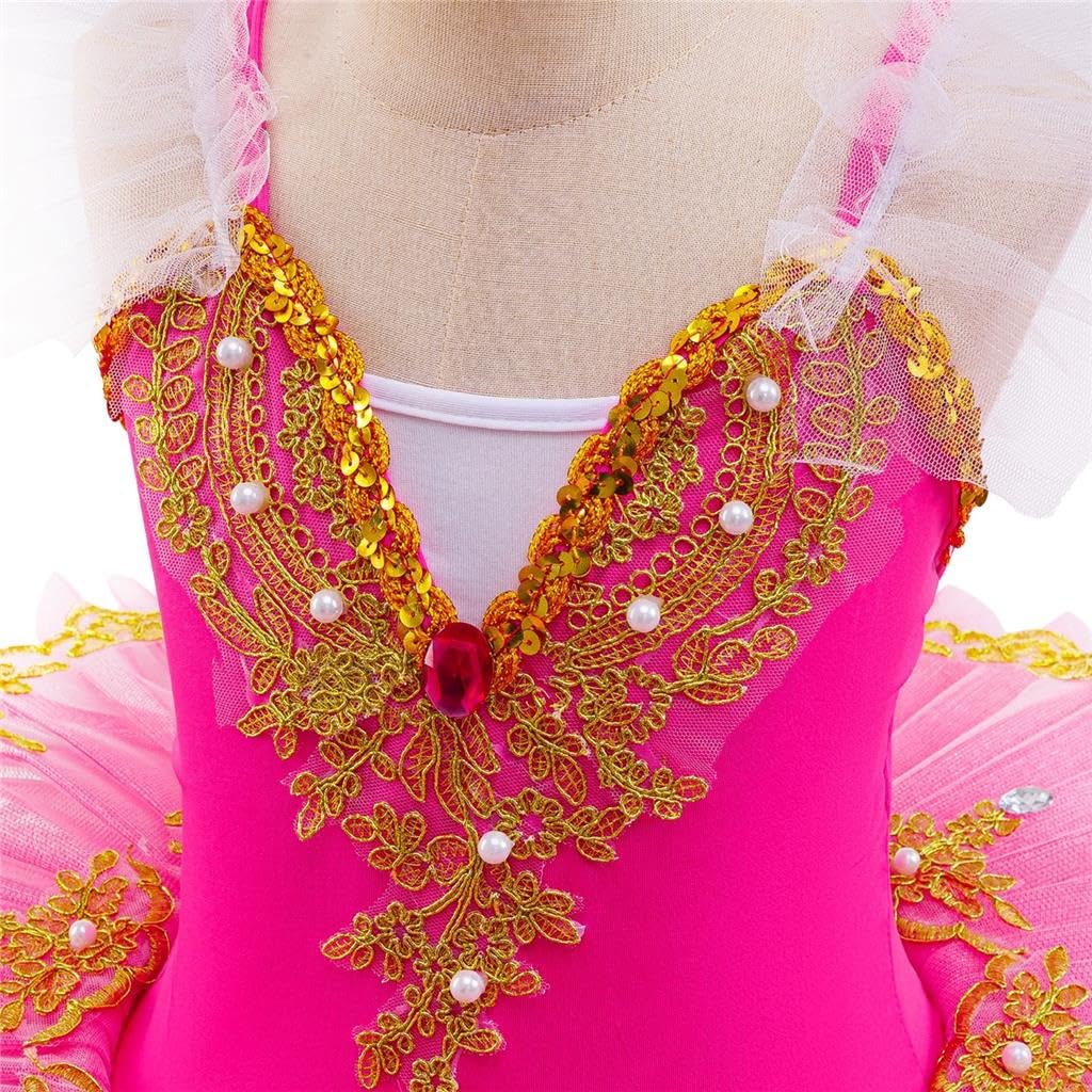 Lito Angels Vestido Tutú de Ballet para Niña, Traje de Bailarina con Aplique Dorado y Pedrería, Ideal para Baile Actuaciones Escuela Fiesta y Sesiones de Fotos