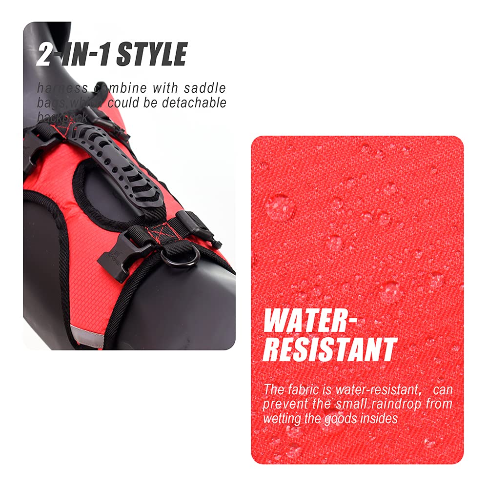 Mochila 2 en 1 para Perros Medianos y Grandes, Impermeable y Ajustable, Arnés con Bolsa Desmontable, Ideal para Senderismo y Viajes (M, Rojo)