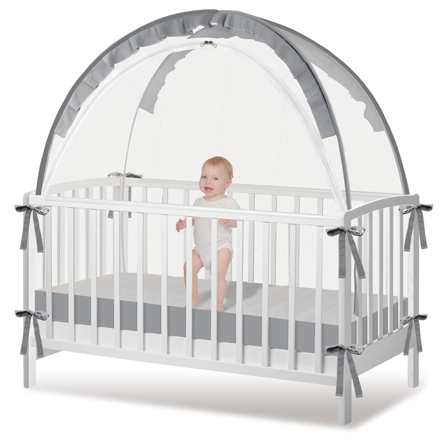 Crib Tent - Crib Net to Keep Baby in, Stop Baby from Climbing Out of Crib, Pop Up Crib Tent with Durable Breathable Net Double Zipper Strong Rods Installation Convenience Gray Large