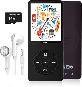 MP3 Player, Music Player with 16GB Micro SD Card, Build-in Speaker/Photo/Video Play/FM Radio/Voice Recorder/E-Book Reader, Supports up to 128GB Dark Black