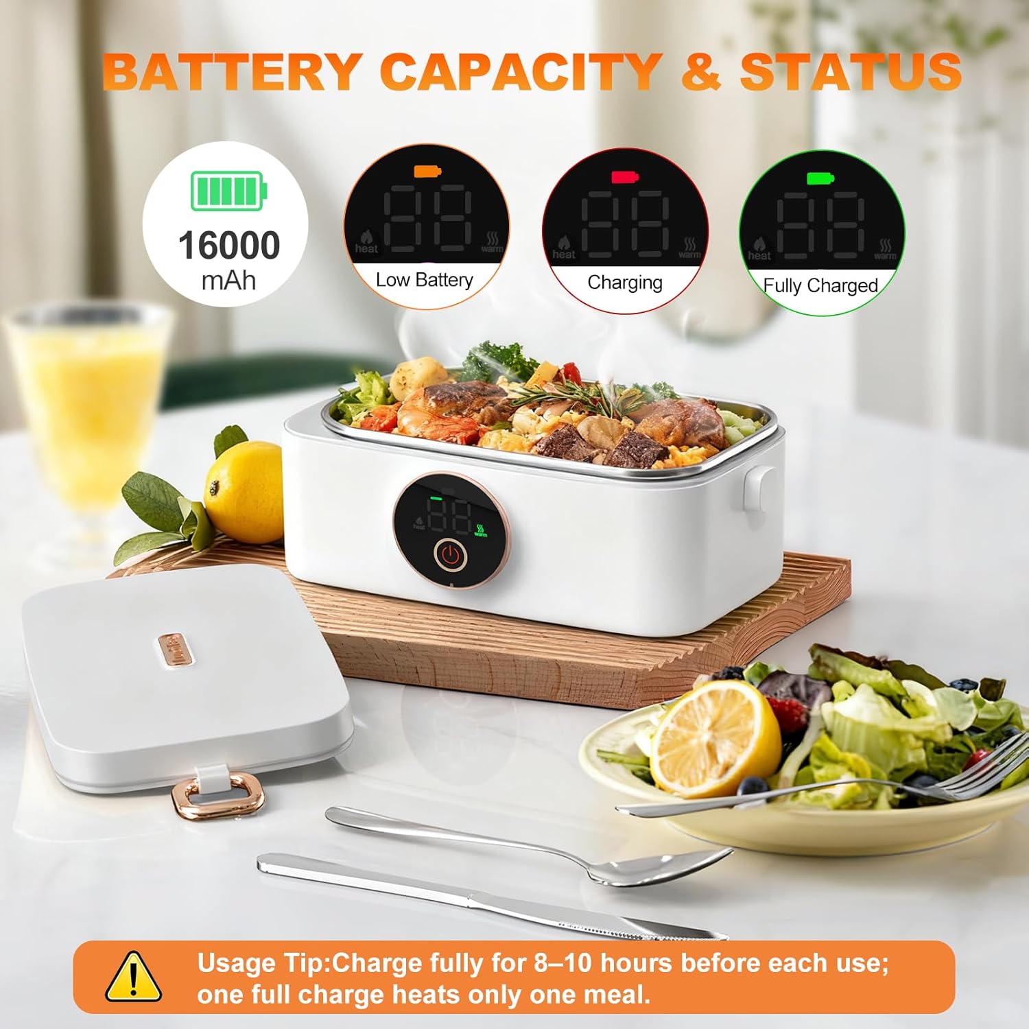 1L Cordless Electric Lunch Box, Rechargeable Heated and Self Heating Lunchbox with Cutlery and Insulated Lunch Box Bag, Food Warmer for Travel, Picnic, Camping - Image 3