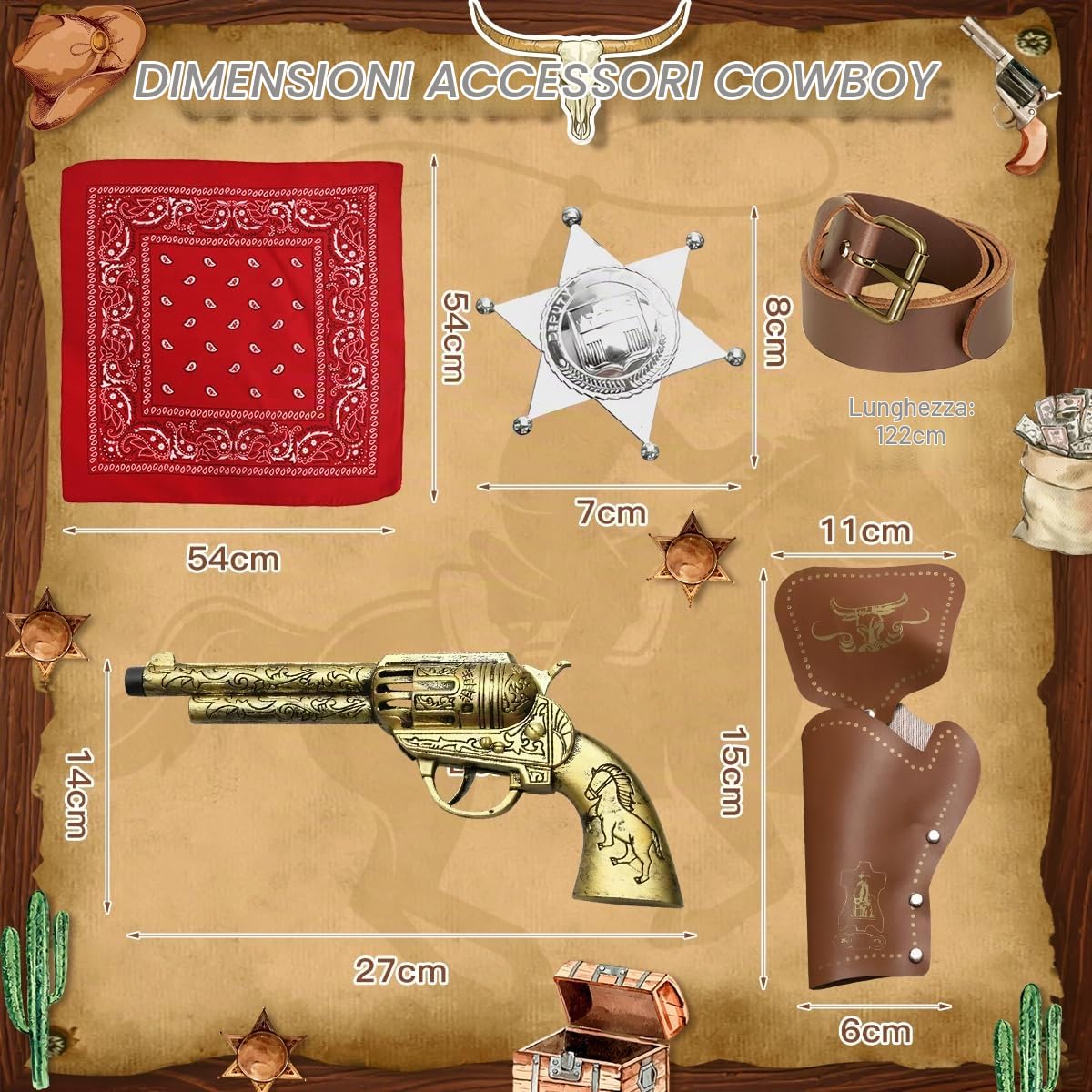 Costume Cowboy Bambino, Western Vestito da Cowboy Bambini con Gilet, Pantaloni, Cappello, Bandana Accessori, Costume da Cowboy Bambino per Halloween Carnevale Dress Up Festa Cosplay, 3-10 Anni